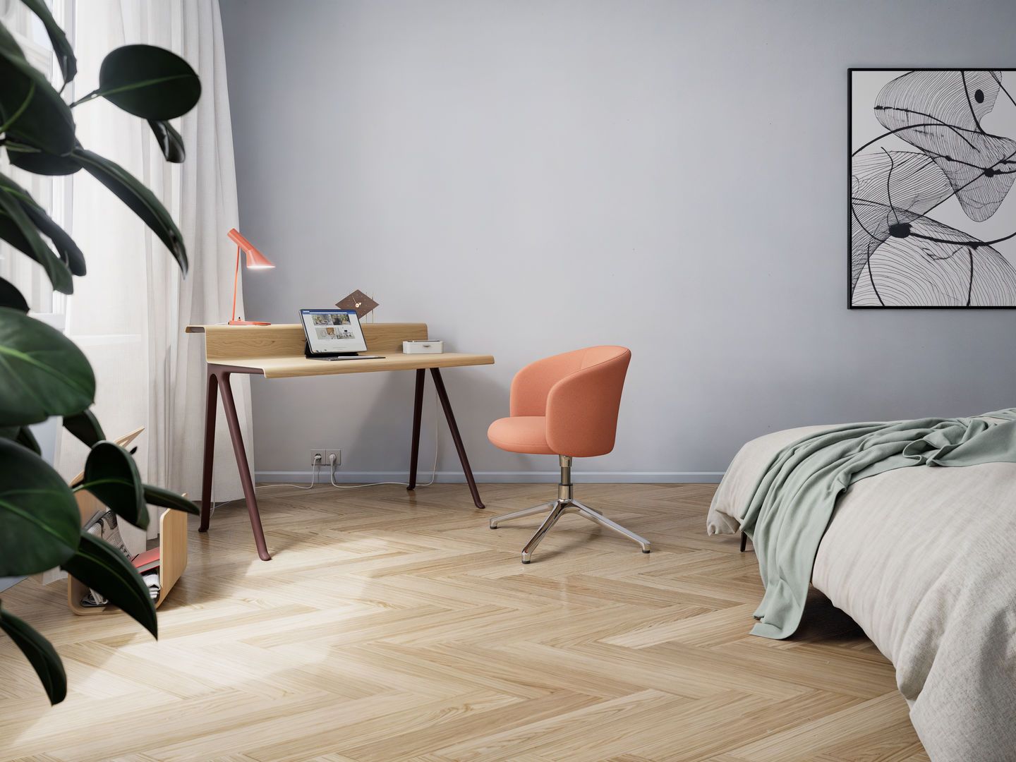 Vitra Courier Schreibtisch aus Holz mit Laptop und Lampe in modernem Schlafzimmer.