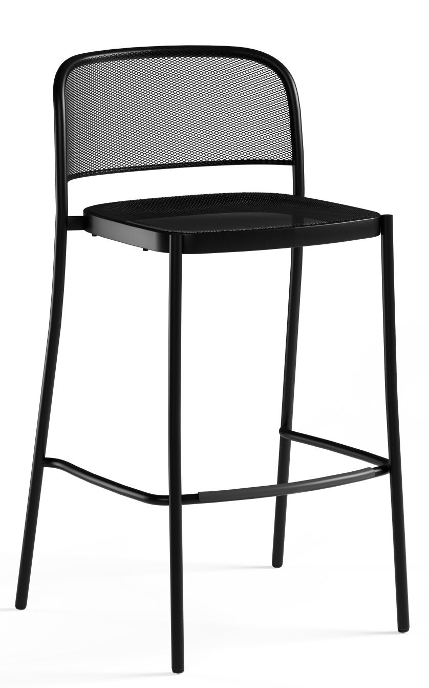 Schwarzer Cafè Barstool Barhocker von Emu für den Außenbereich, Metallgestell mit Fußstütze und Netzstruktur.