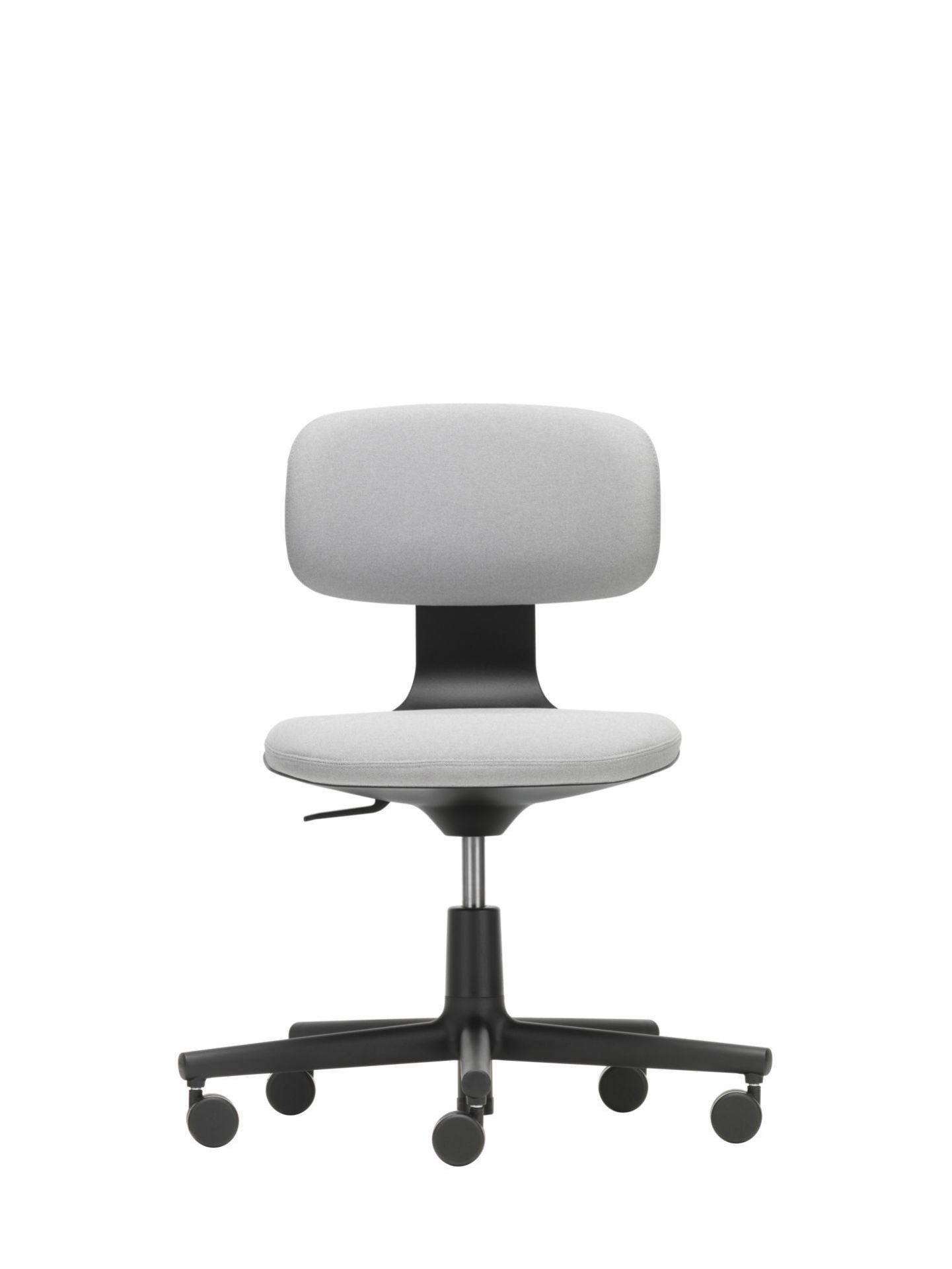 Vitra Rookie Bürodrehstuhl in Grau mit schwarzem Fußkreuz und Rollen, Frontansicht.