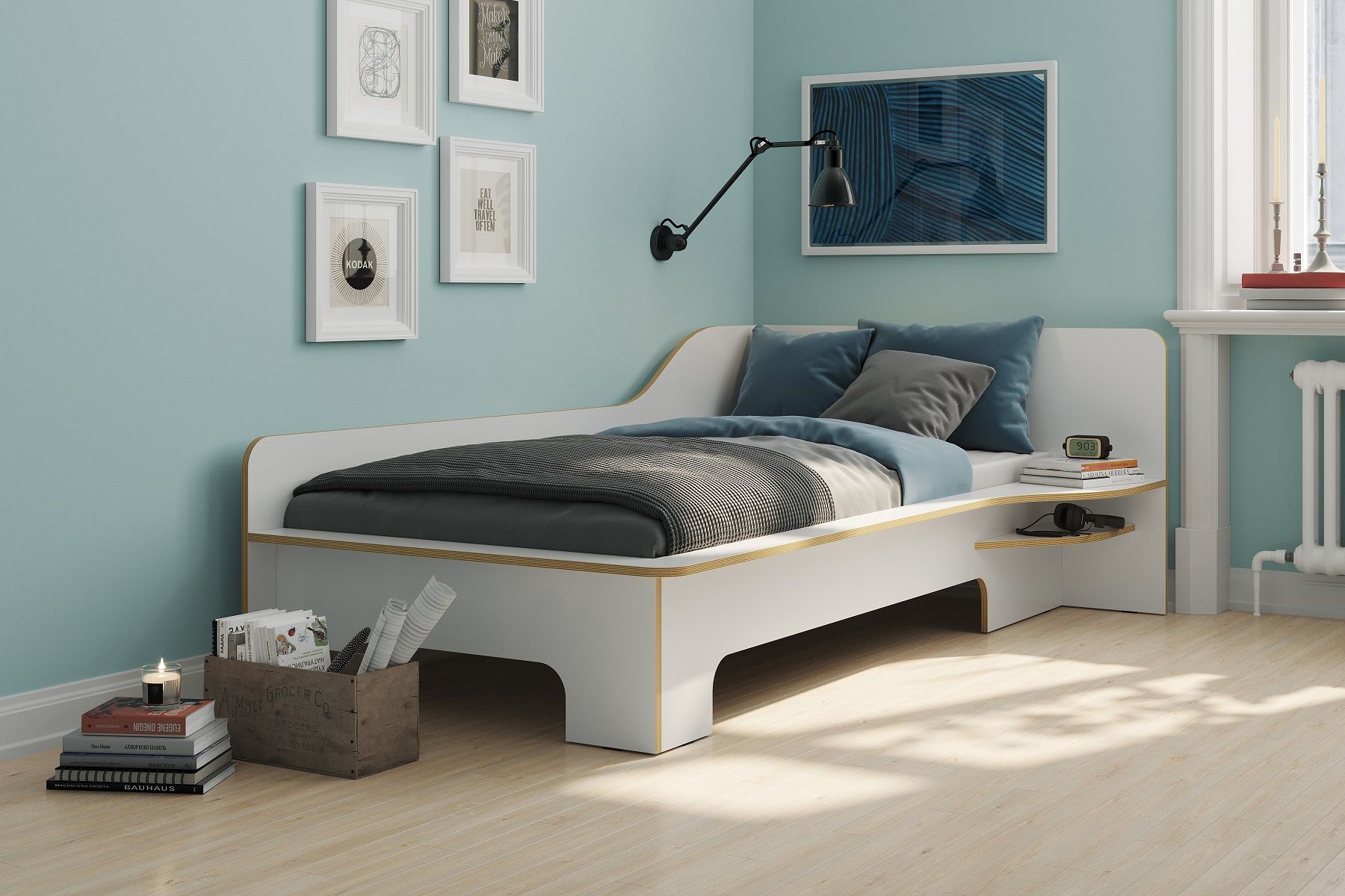 Weißes Einzelbett von Müller Möbelwerkstätten mit blau-grauer Bettwäsche und integriertem Nachttisch im modernen Schlafzimmer.