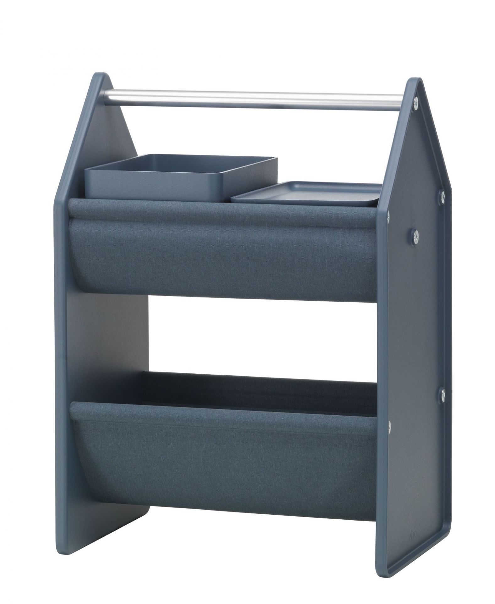 Blaue Vitra Drop Box Aufbewahrungsbox mit zwei Stoffablagen und zwei Kunststoffbehältern für Kinderzimmer.