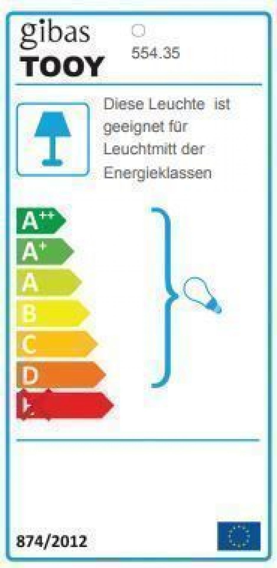 Energieeffizienzlabel der Tooy Muse Tischleuchte 554.35, zeigt Energieklassen von A++ bis E.