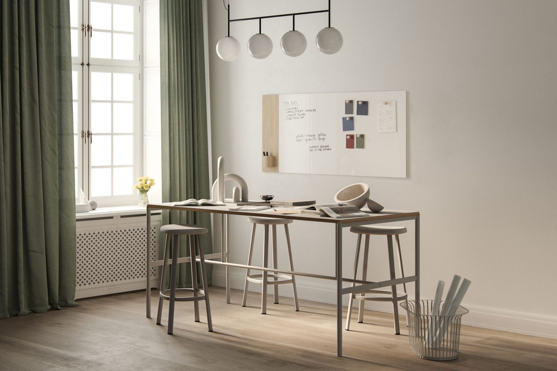 Helle Raumansicht mit Chat Board Classic Crafted Wand Glastafel, magnetisch, mit Notizen und Farbmustern.