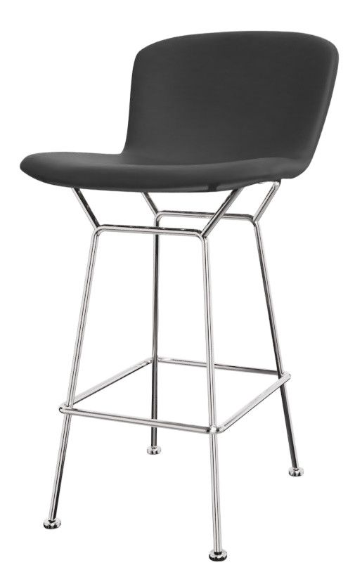 Bertoia Bar Stool: Schwarzer Barhocker mit Kernleder-Sitzfläche und verchromtem Stahlgestell. Knoll International Design.
