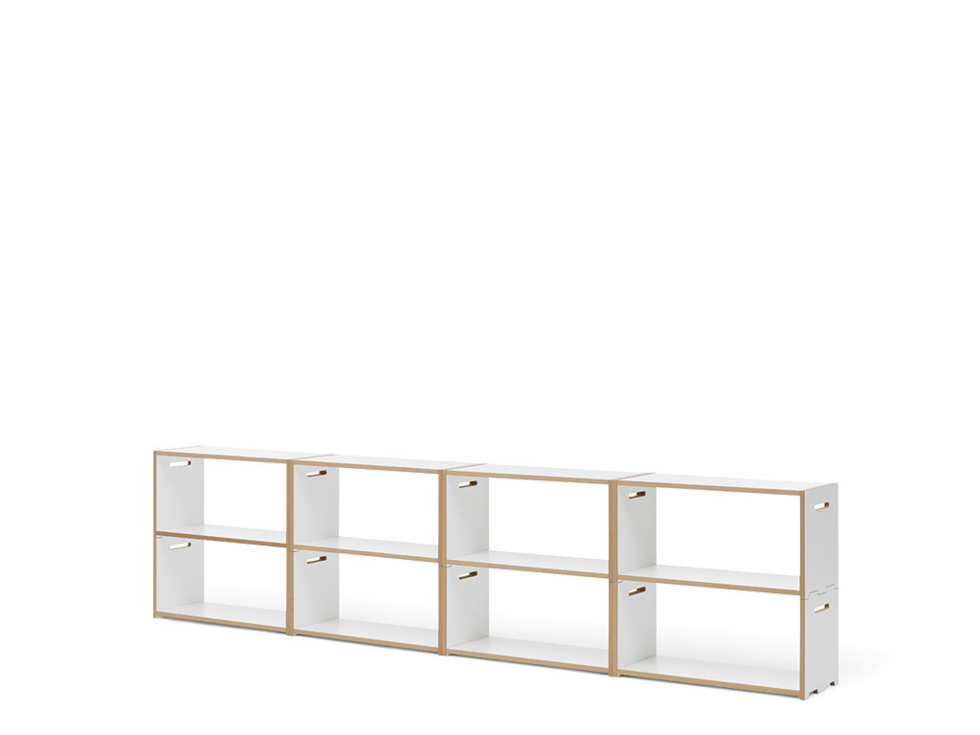 Tojo Hochstapler Regal Grundmodul: Weißes, modulares Regalsystem mit acht Fächern, ideal für Wohnzimmer und Büro.
