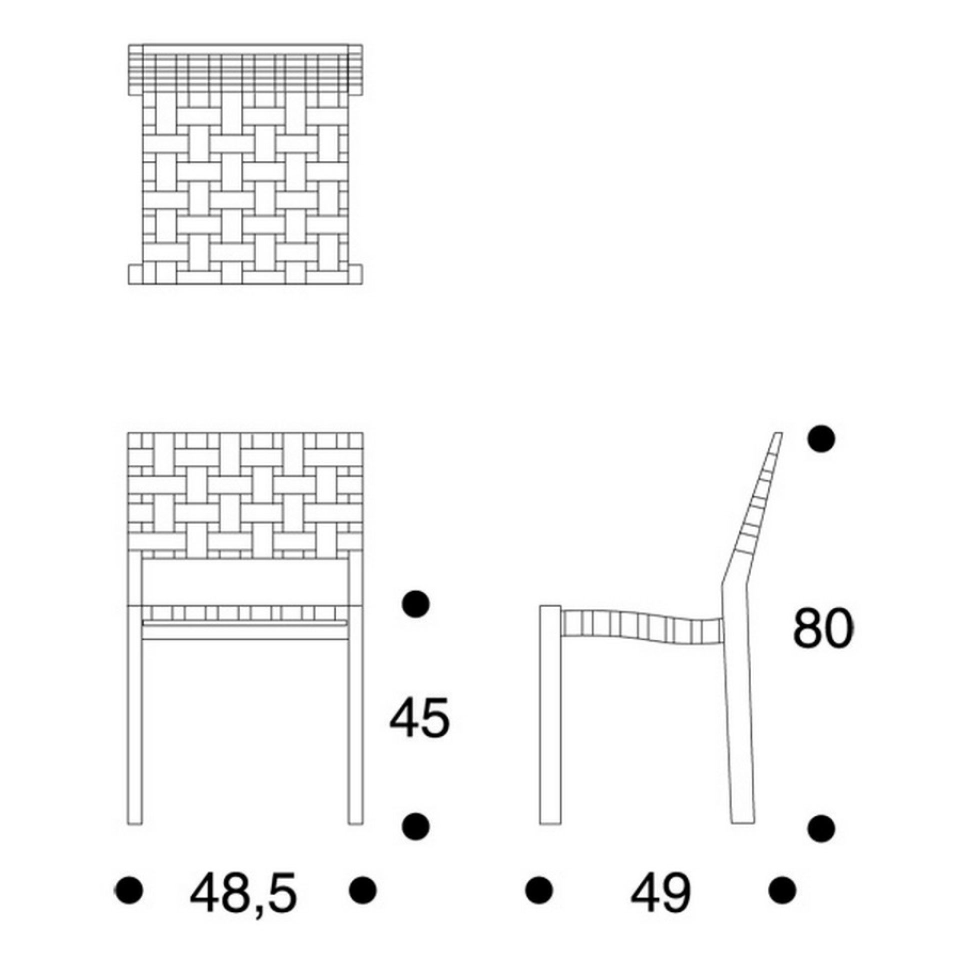 Technische Zeichnung des Artek 611 Stuhls mit Maßen, ideal für Designliebhaber und Architekten.