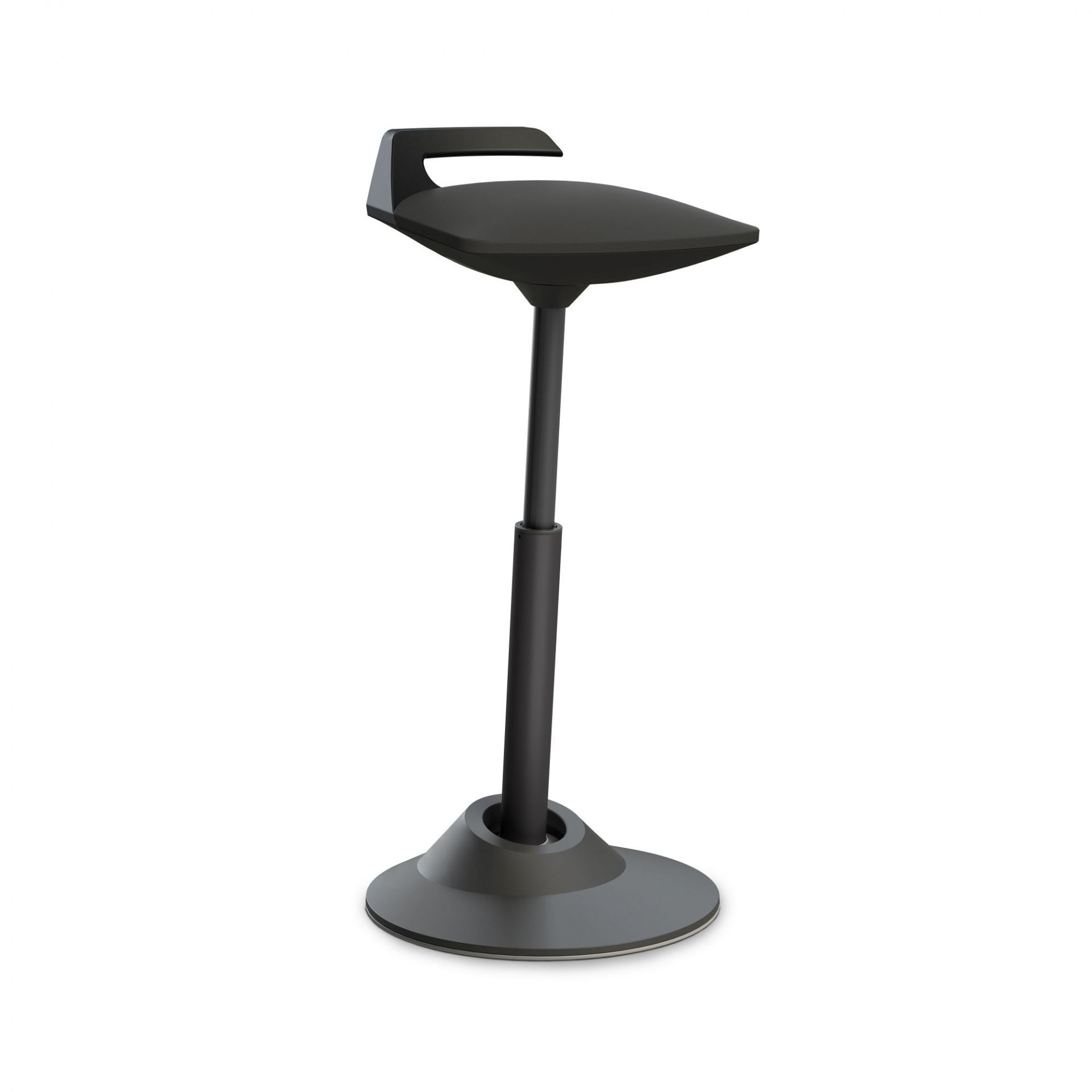 Schwarzer Stehhocker mit ergonomischem Design und verstellbarer Höhe für Büro und Homeoffice.