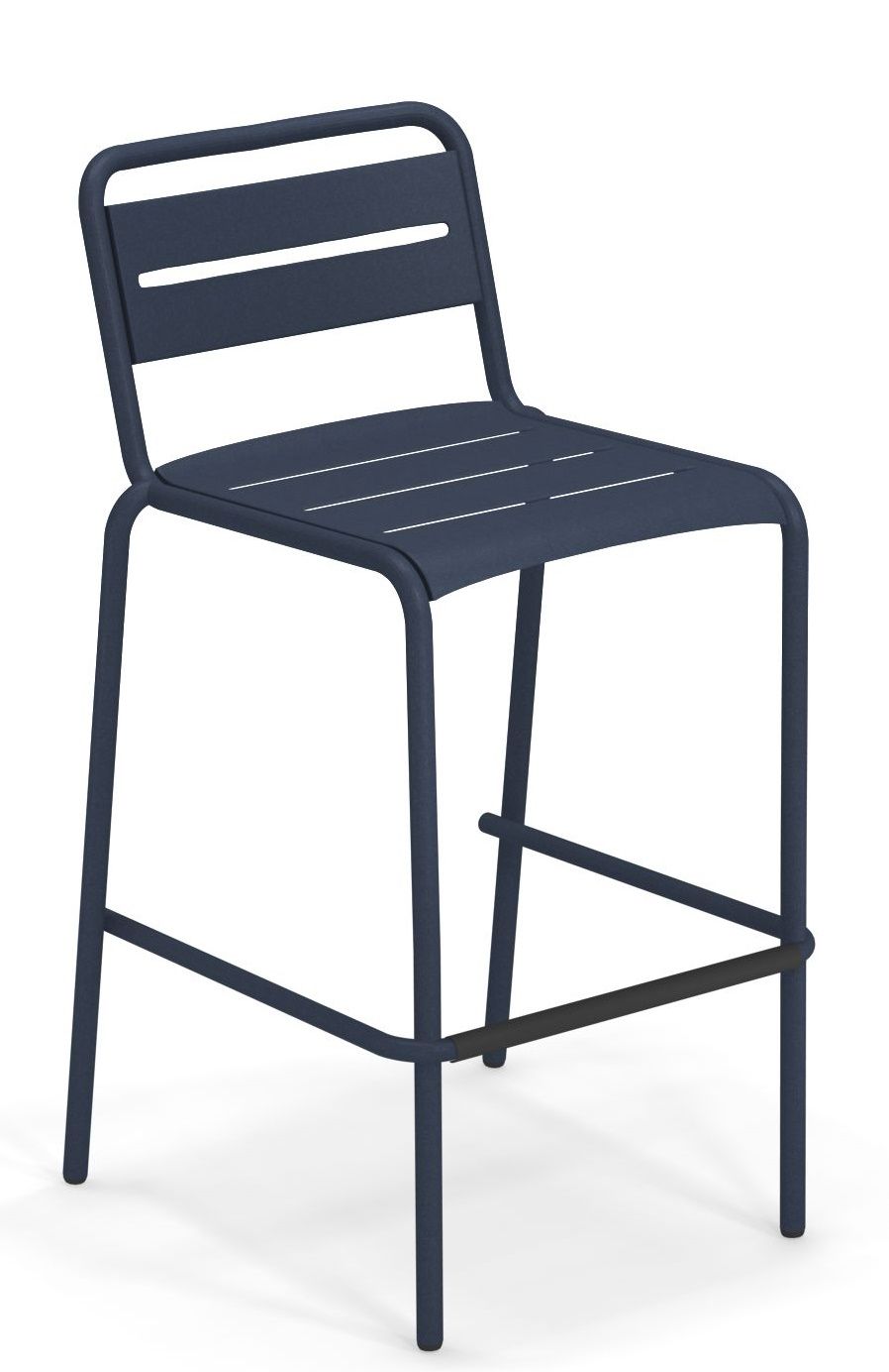 Star Barstool Barhocker von Emu für den Außenbereich, blaues Metallgestell mit Fußstütze und Lattenmuster.