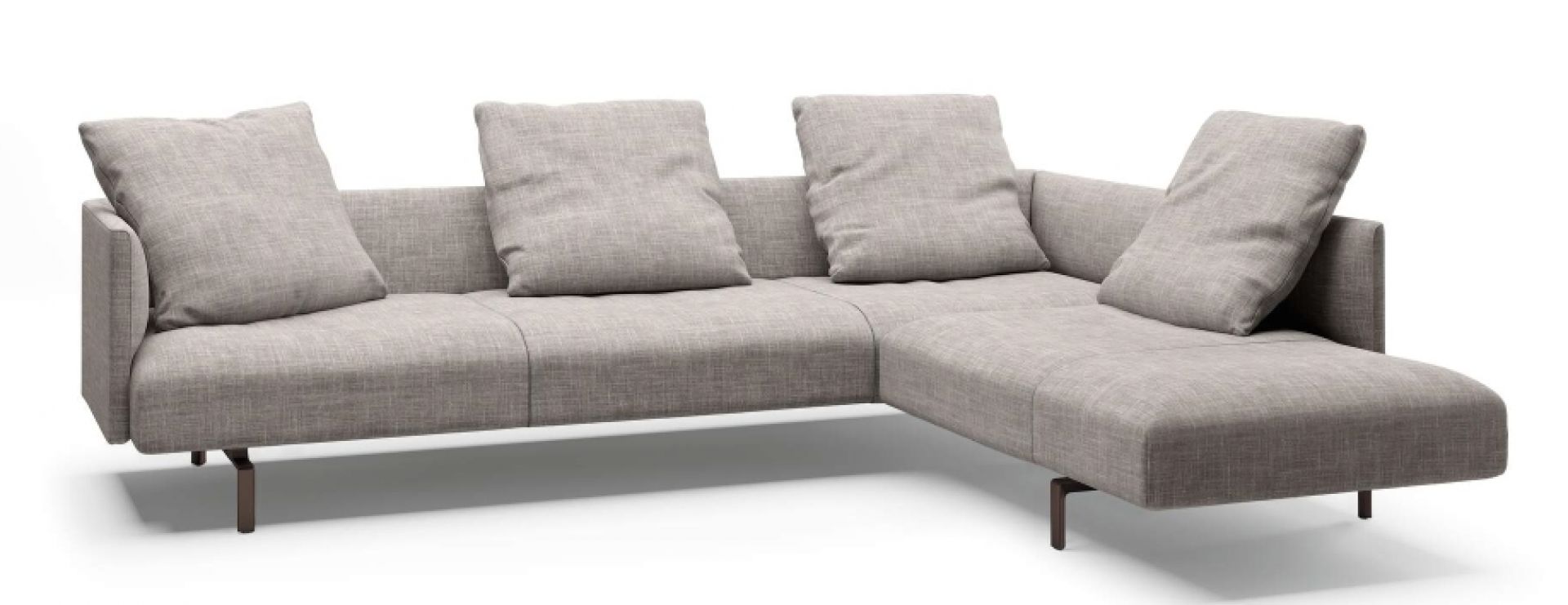 Muud Sofa von Walter Knoll, modernes Ecksofa mit hellgrauem Stoffbezug und losen Kissen.