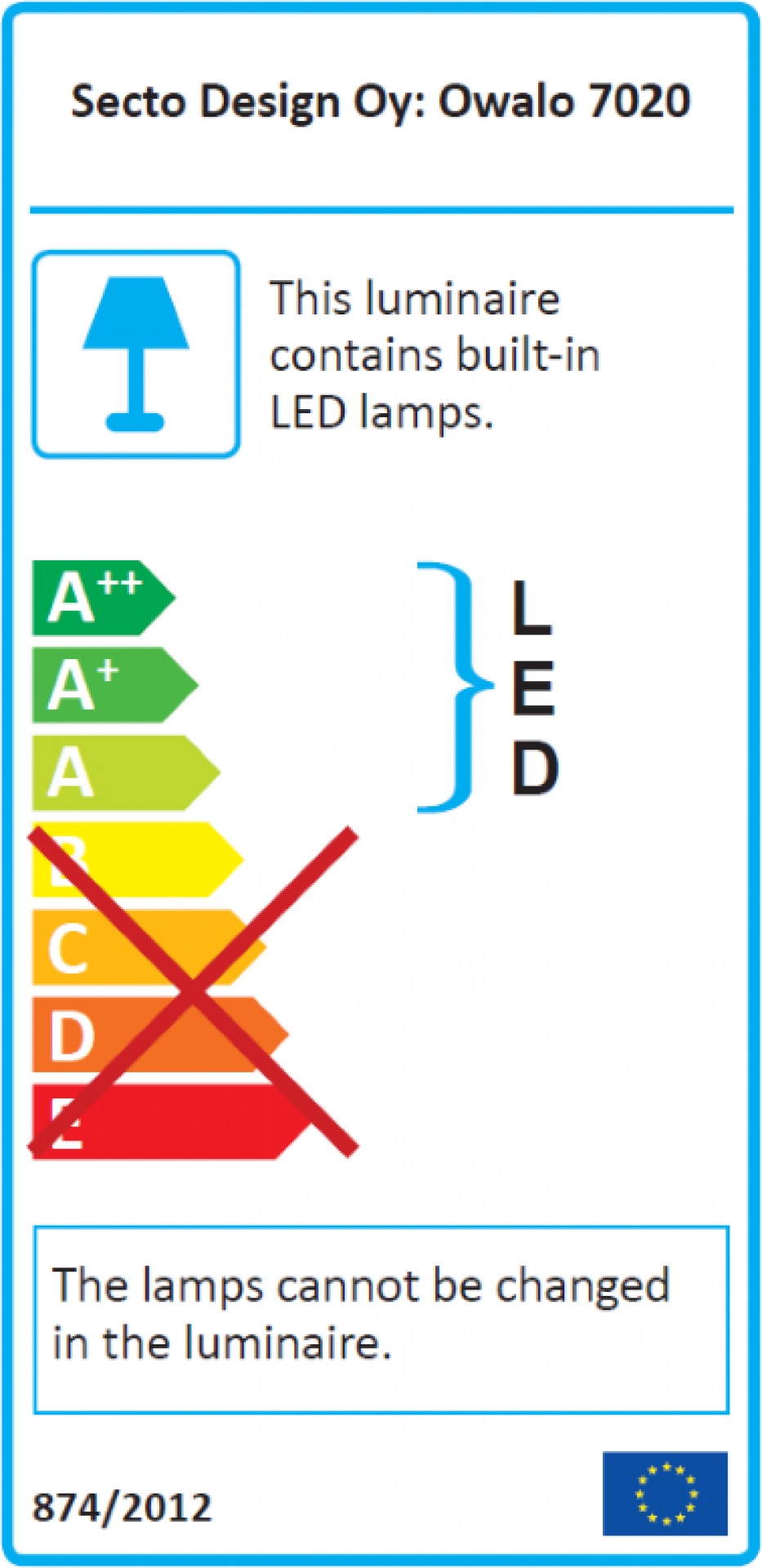 Energieeffizienzlabel der Owalo 7020 Tischleuchte von Secto Design mit integrierten LED-Lampen, Energieklasse A++ bis A.
