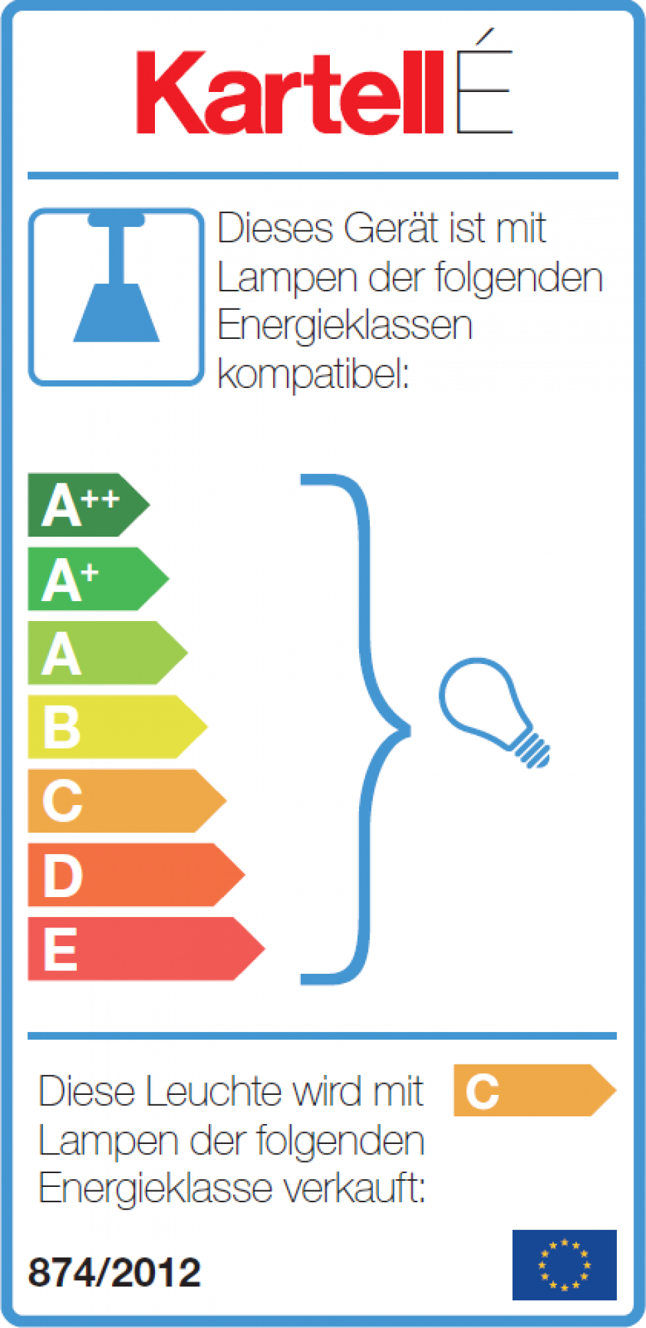 Energieeffizienzlabel der Kartell E Wandleuchte, kompatible Lampen von A++ bis E, verkauft mit Energieklasse C.