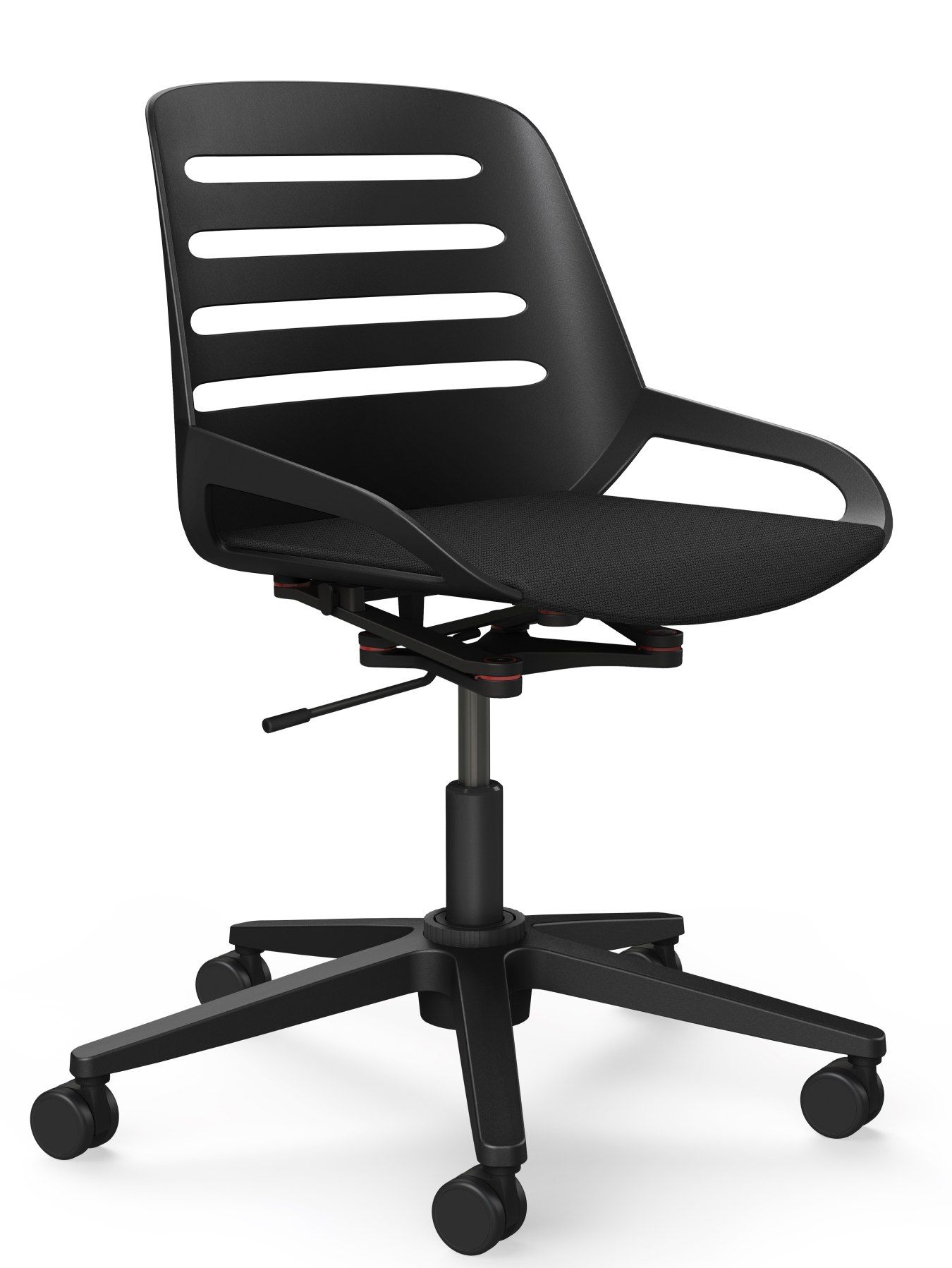 Schwarzer Numo Task Bürodrehstuhl von Aeris mit Säule, Rollen und atmungsaktiver Sitzfläche für ergonomisches Sitzen.