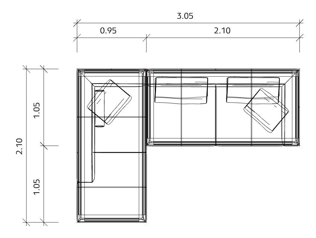 Grundrisszeichnung des Jaan Living 3-Sitzer Sofas mit Maßen und Kissenanordnung.