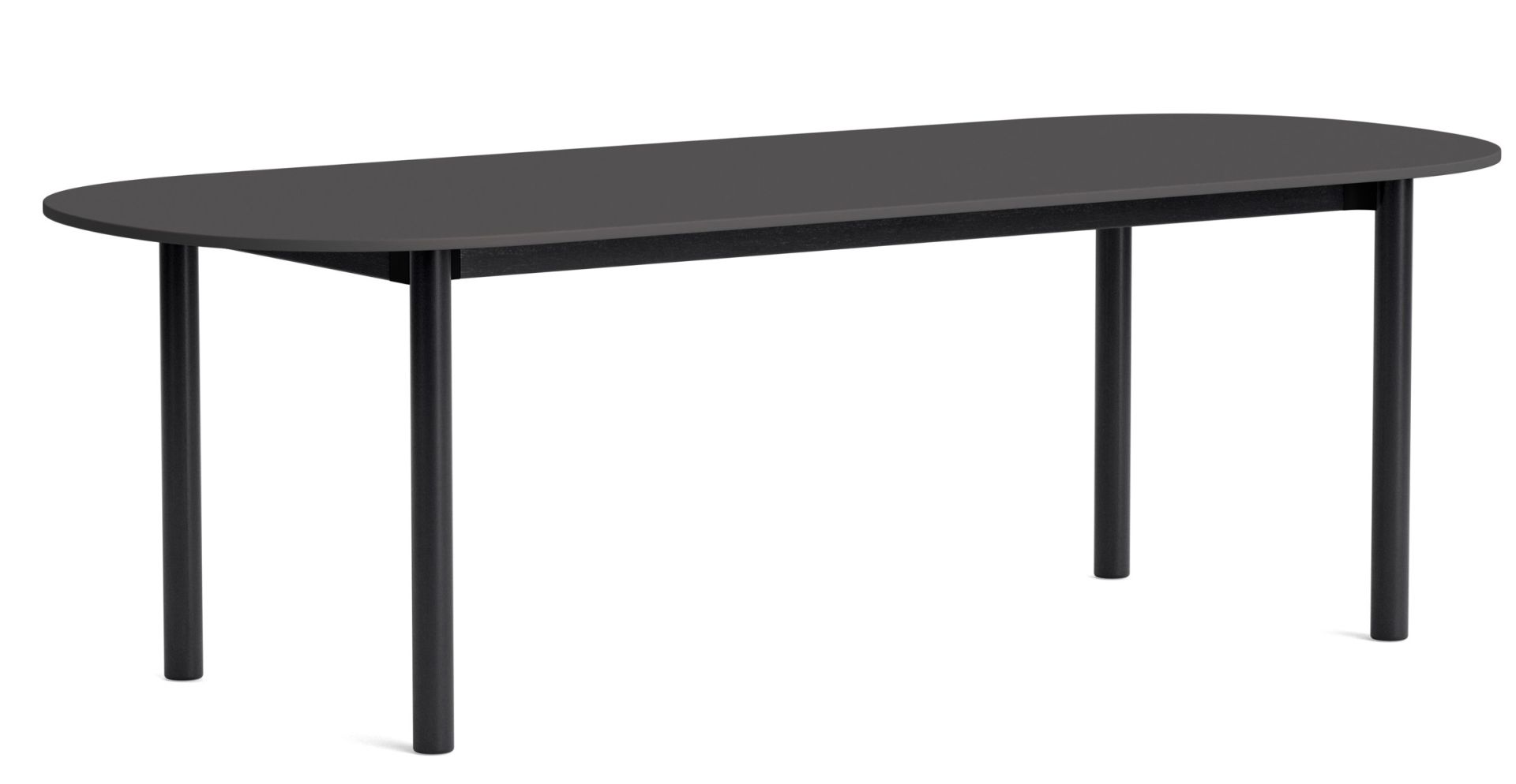 Annex Table von Hay, ovaler Esstisch in Dunkelgrau mit schlanken, schwarzen Metallbeinen, Studioaufnahme.