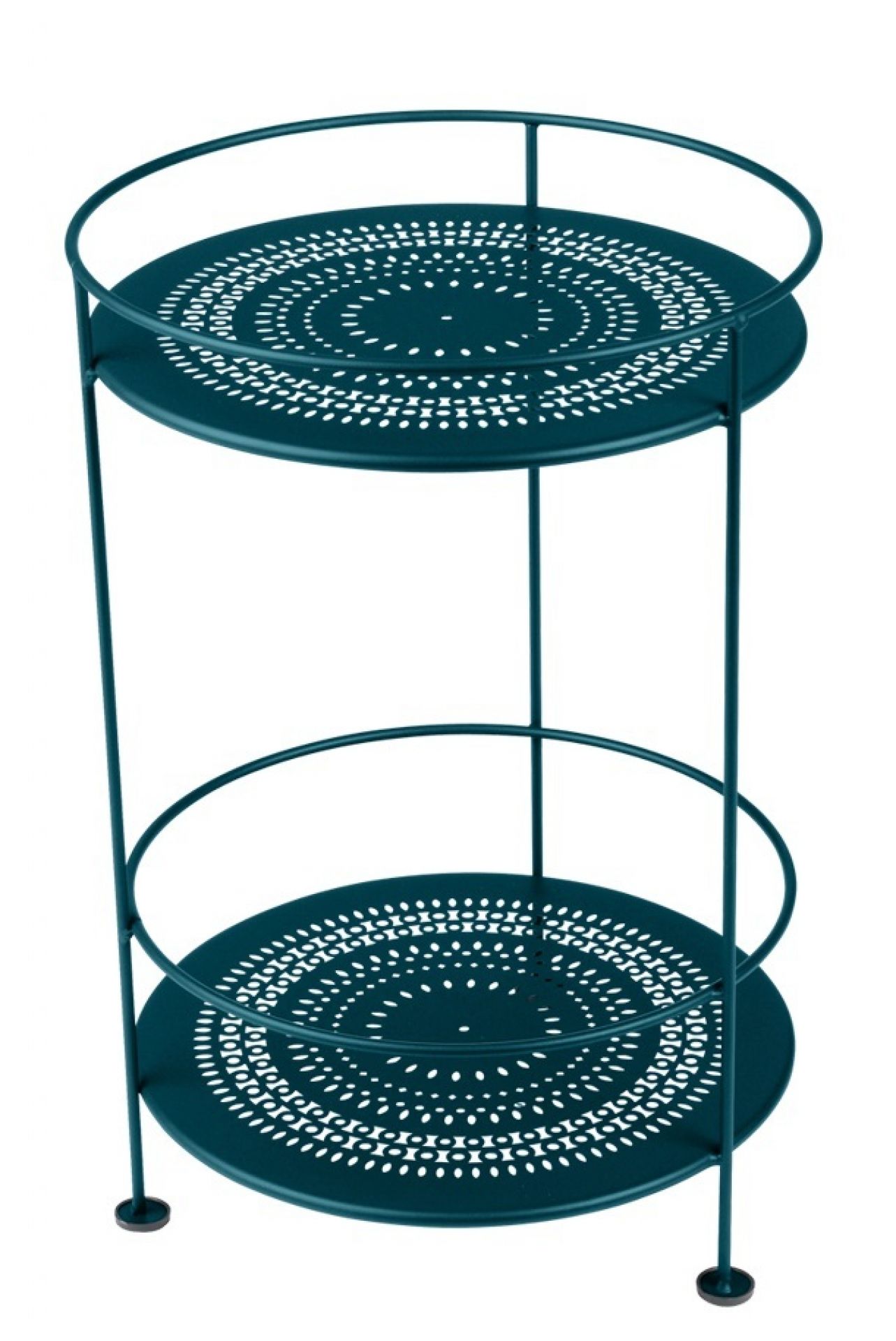 Blauer Fermob Guinguette Beistelltisch für den Garten, mit zwei runden Ablageflächen aus Metall.