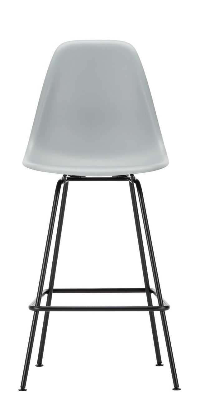 Vitra Eames Barhocker Medium, hellgraue Sitzschale mit schwarzem Metallgestell, modernes Design für Küche und Bar.