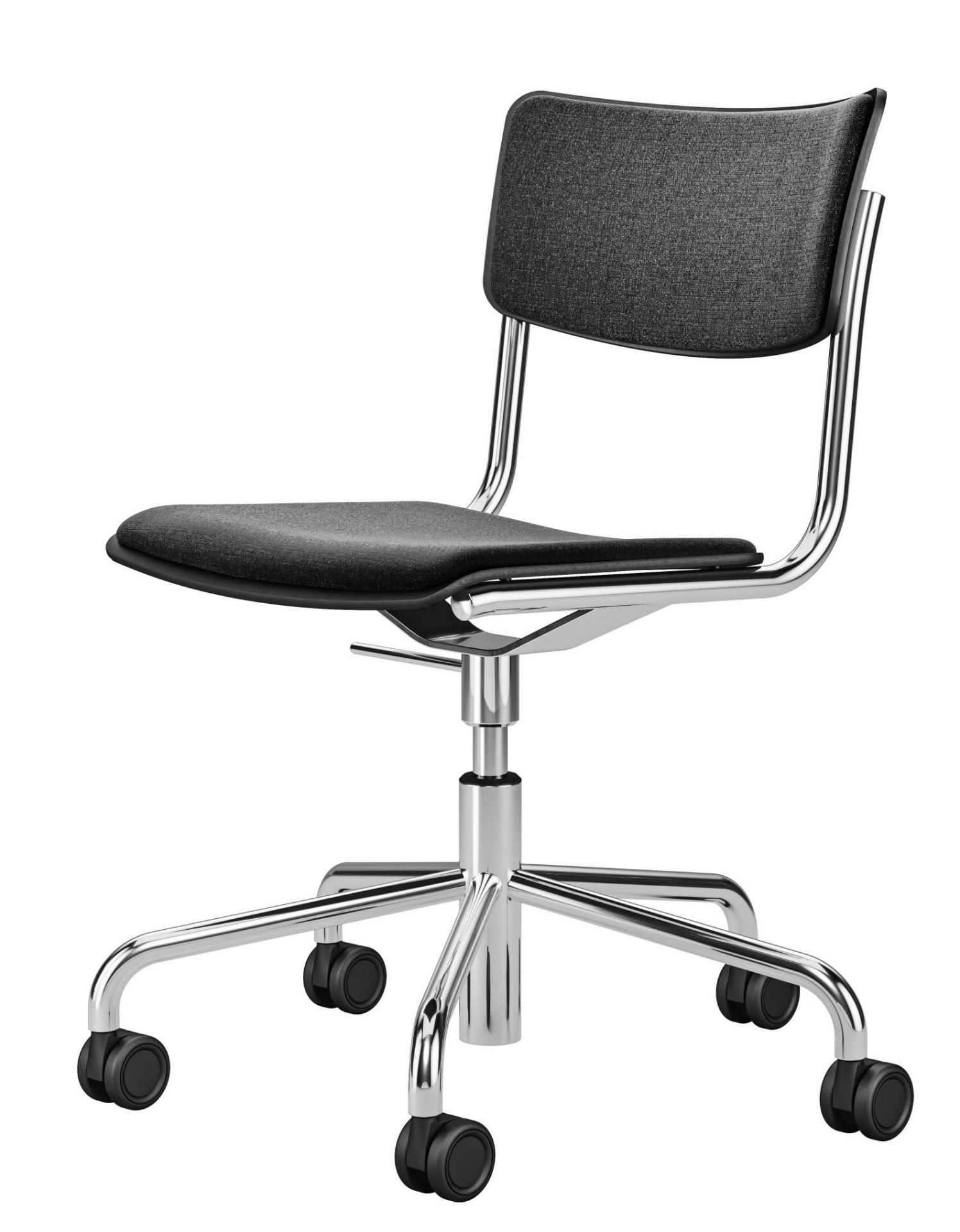 Thonet S 43 Bürostuhl mit grauem Bezug und verchromtem Stahlrohrgestell auf Rollen.