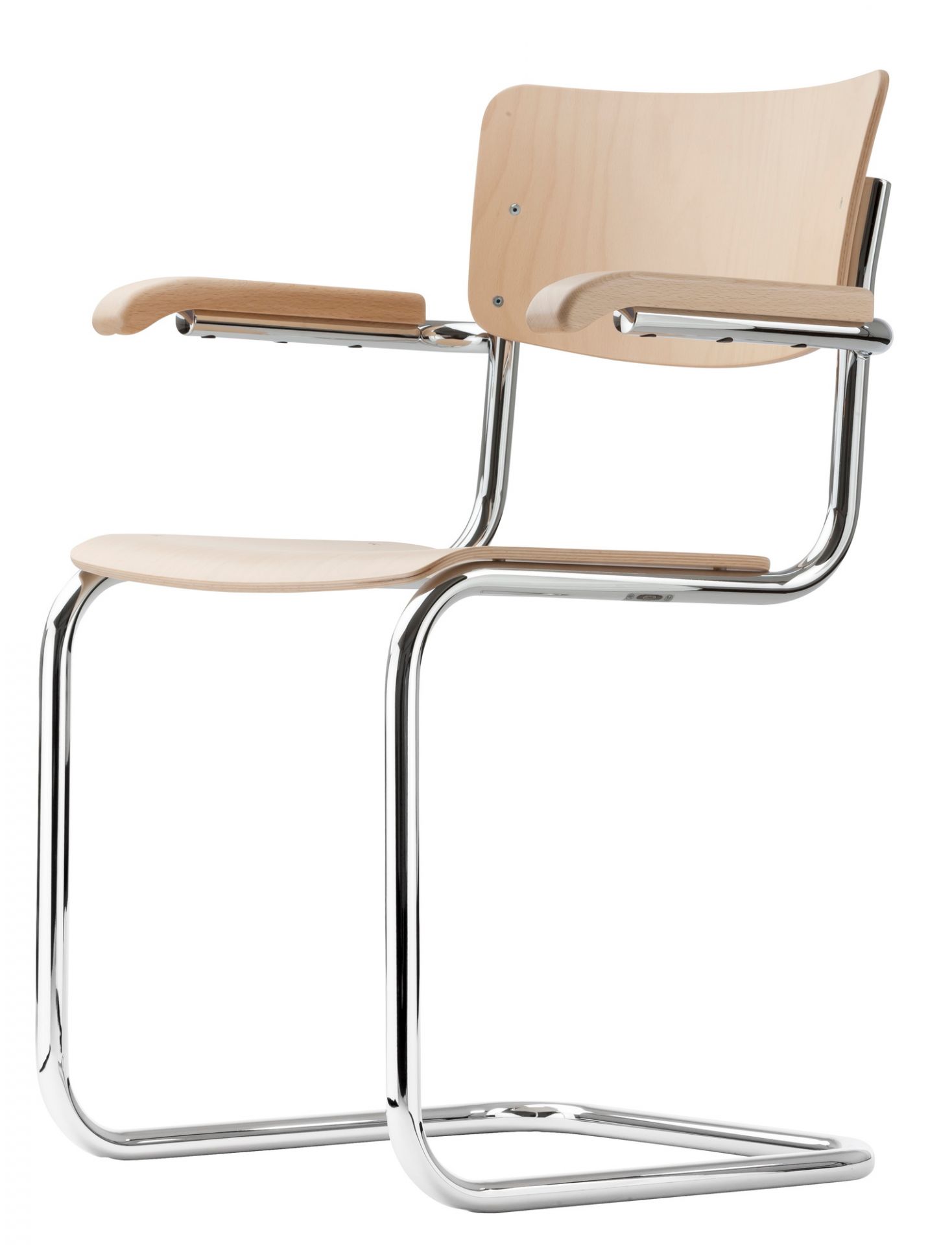 S 43 F Thonet Freischwinger mit Buche natur Sitzfläche und verchromtem Stahlrohr Gestell.