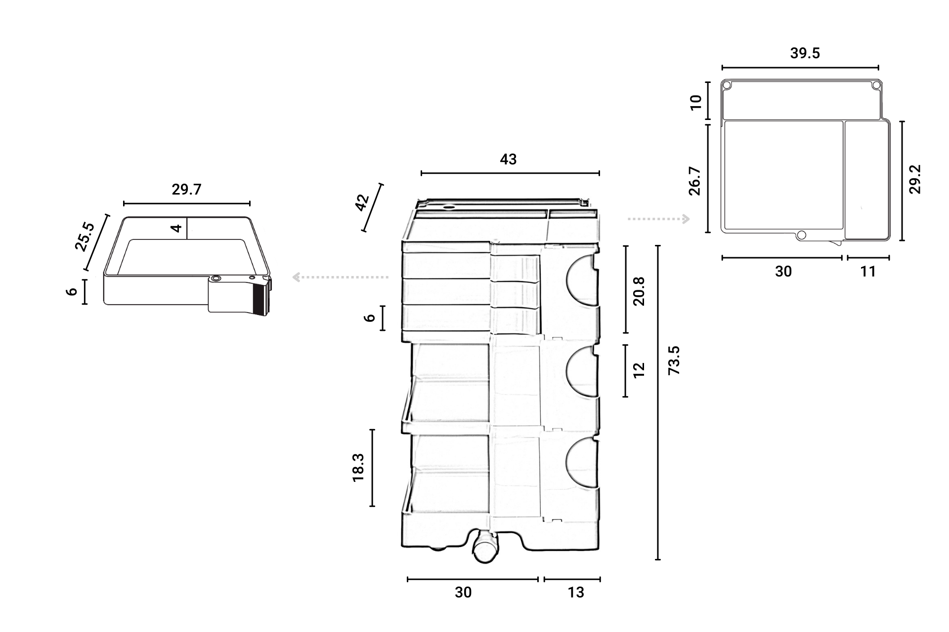 Technische Zeichnung des Boby B33 Rollcontainers mit Maßangaben für E-Commerce und Planung.