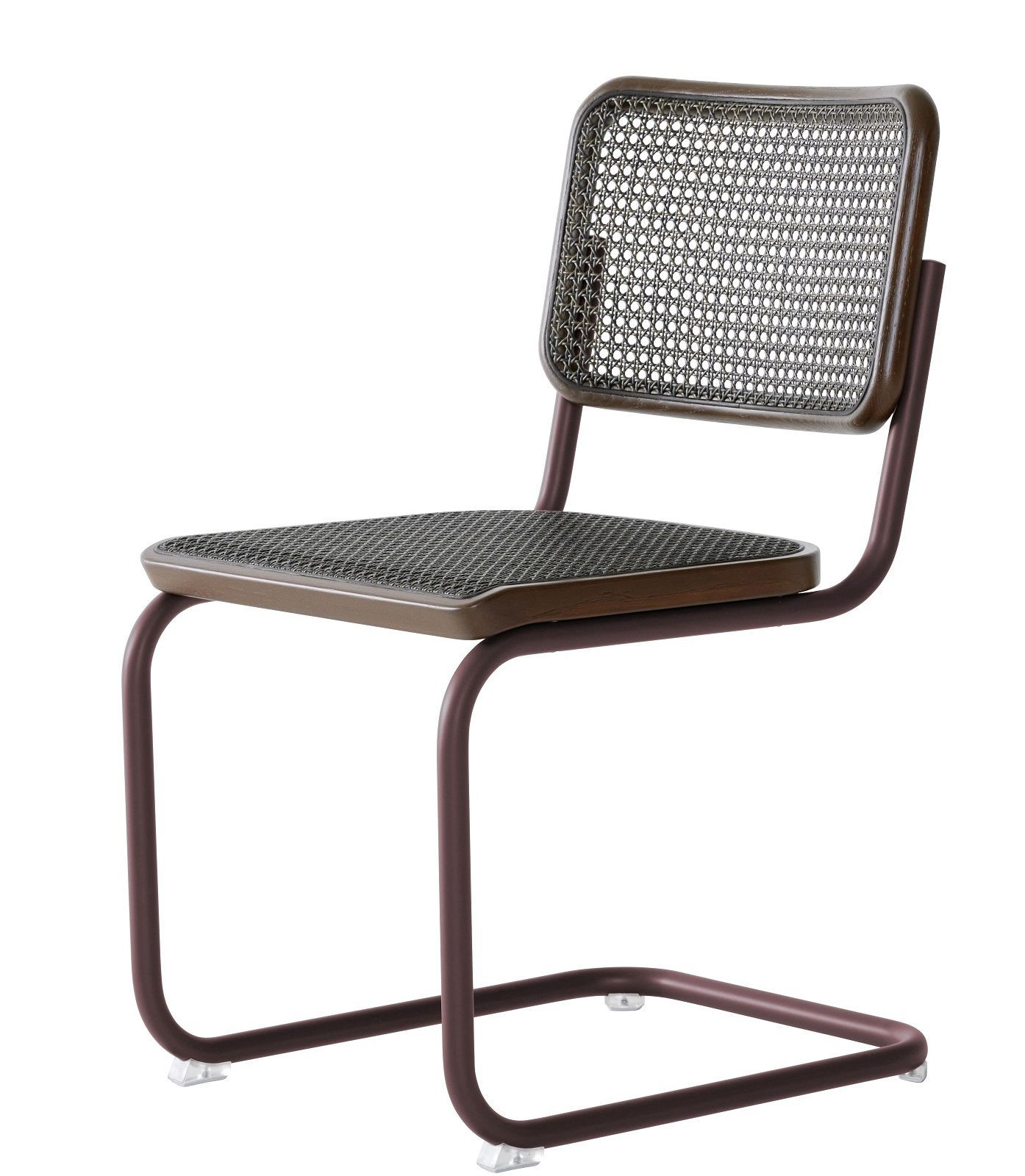 S 32 V Thonet Freischwinger Stuhl mit Stahlrohrgestell und Wiener Geflecht in braun, seitliche Ansicht.