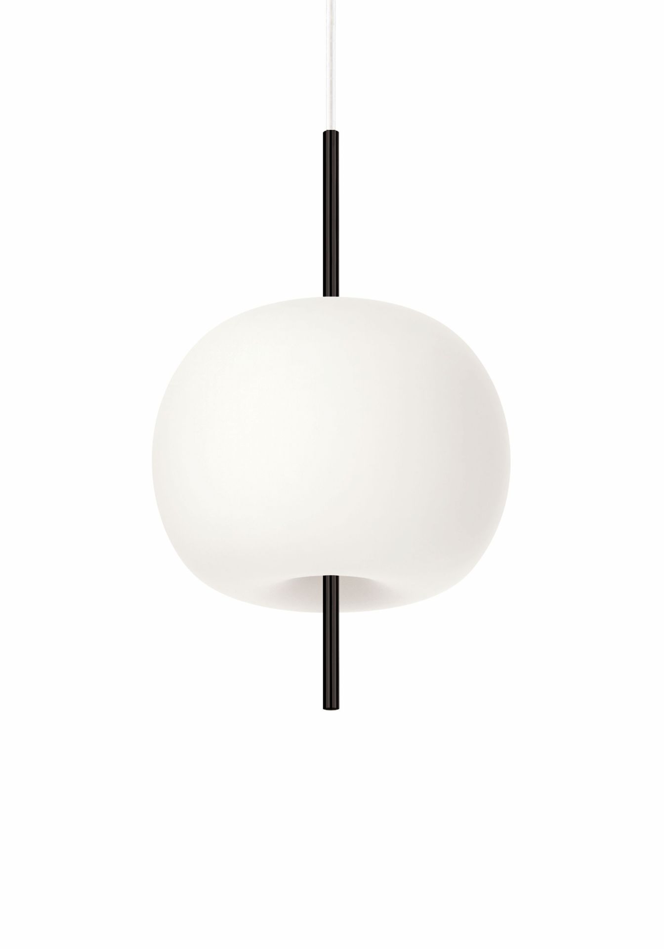 Weiße Kushi Pendelleuchte mit schwarzem Stab, moderne Hängelampe für Wohnzimmer und Esszimmer.