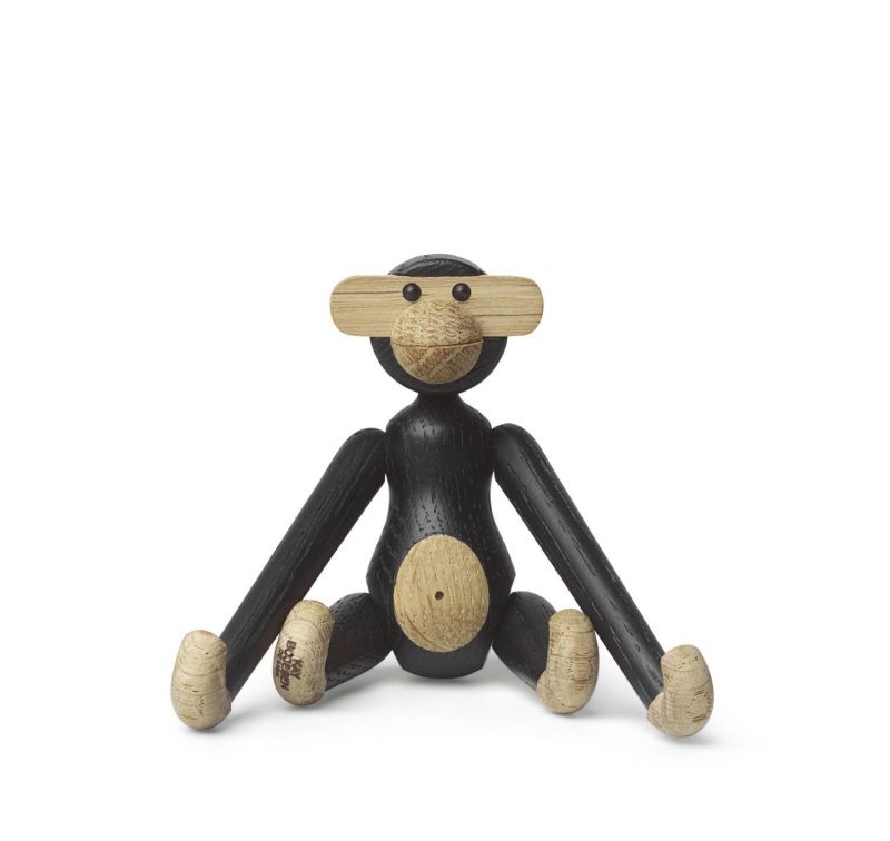 Sitzender Kay Bojesen Affe, Mini Holzfigur aus dunkler Eiche, skandinavisches Design.