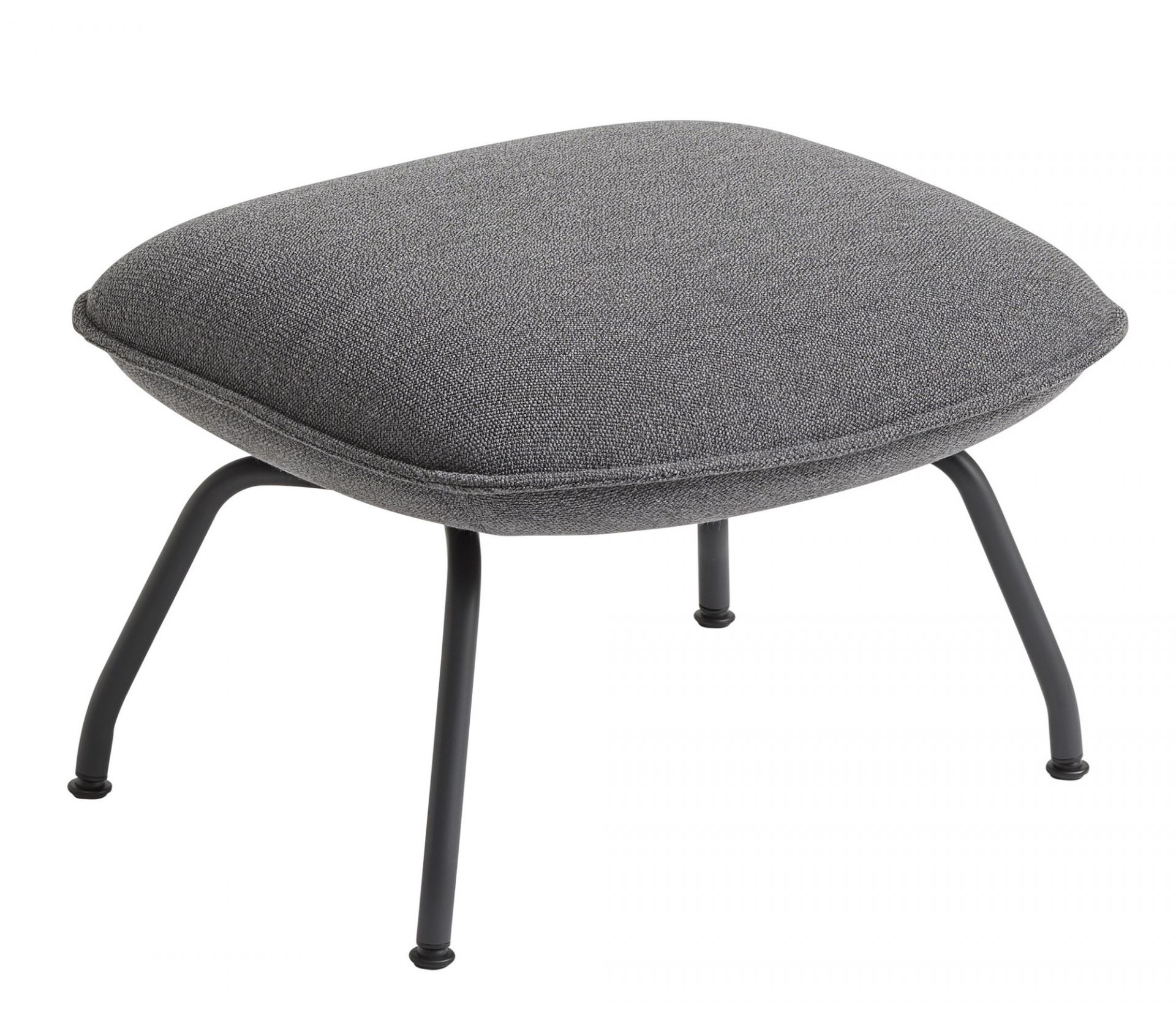 Grauer Muuto Doze Ottoman mit Stoffbezug und schwarzen Metallbeinen, modernes Design für Wohnzimmer.