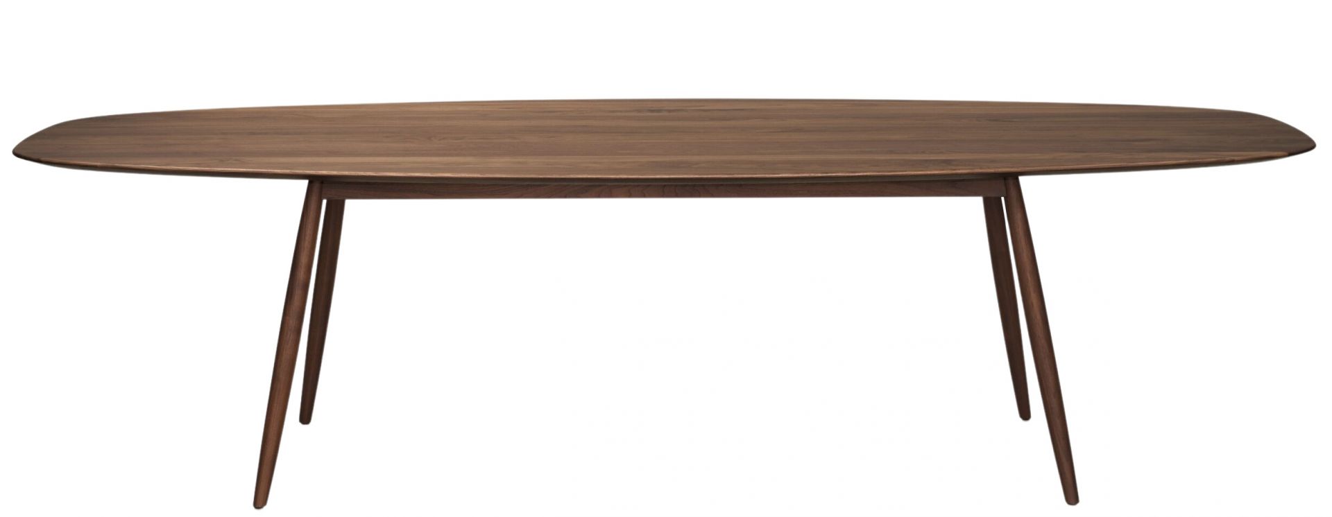 Walter Knoll Esstisch Moualla mit ovaler Tischplatte aus dunklem Holz und filigranem Gestell.