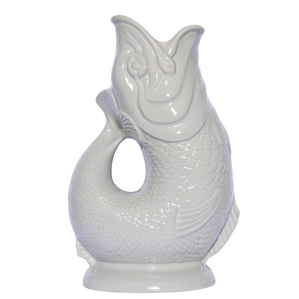 Weiße Gluckigluck Fischkaraffe / Vase XL Oyster, Keramik, modernes Design.
