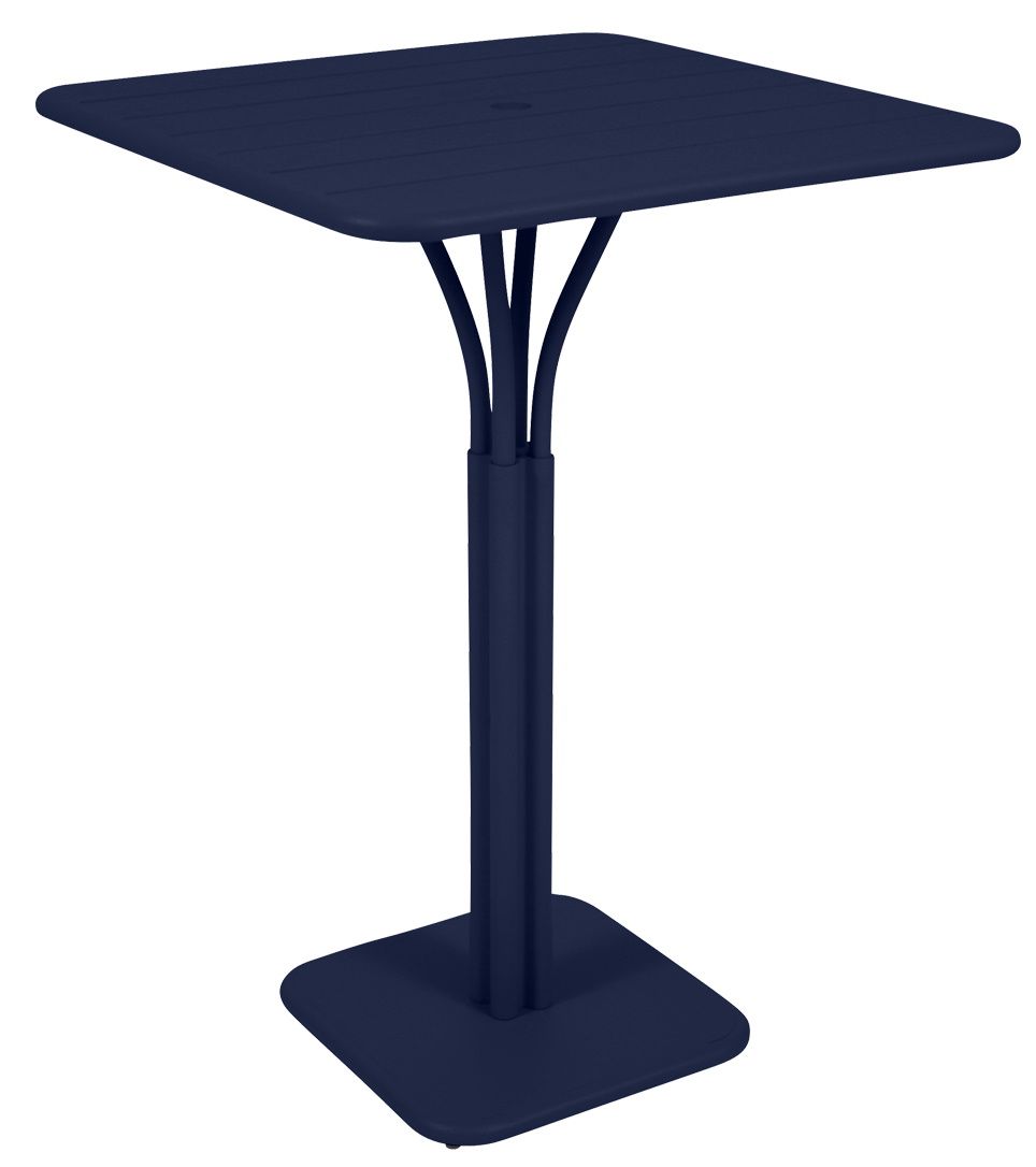 Blauer Luxembourg Stehtisch/Bartisch von Fermob, quadratisch, 80x80 cm, für den Außenbereich.