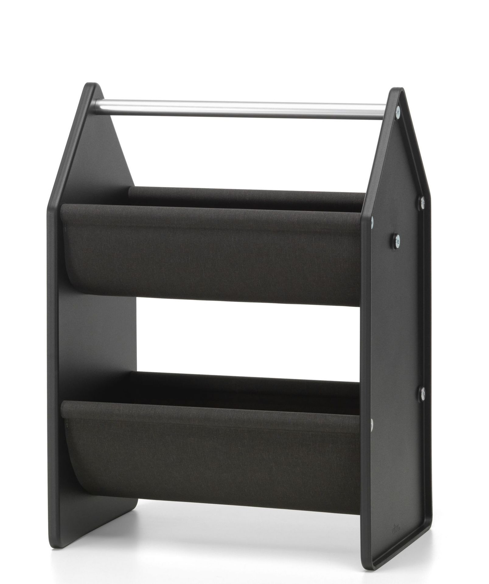 Vitra Drop Box Aufbewahrungsbox in Schwarz mit zwei Stofffächern und silberner Stange.