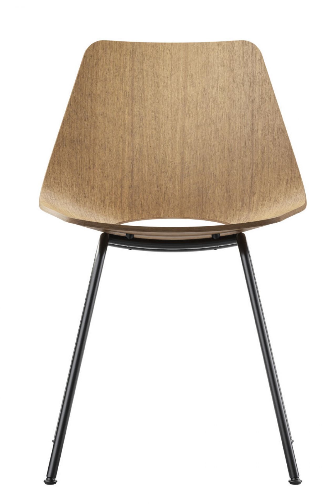 S 661 Thonet Stuhl mit Holzschale und schwarzem Stahlrohrgestell von vorne, modernes Möbeldesign.