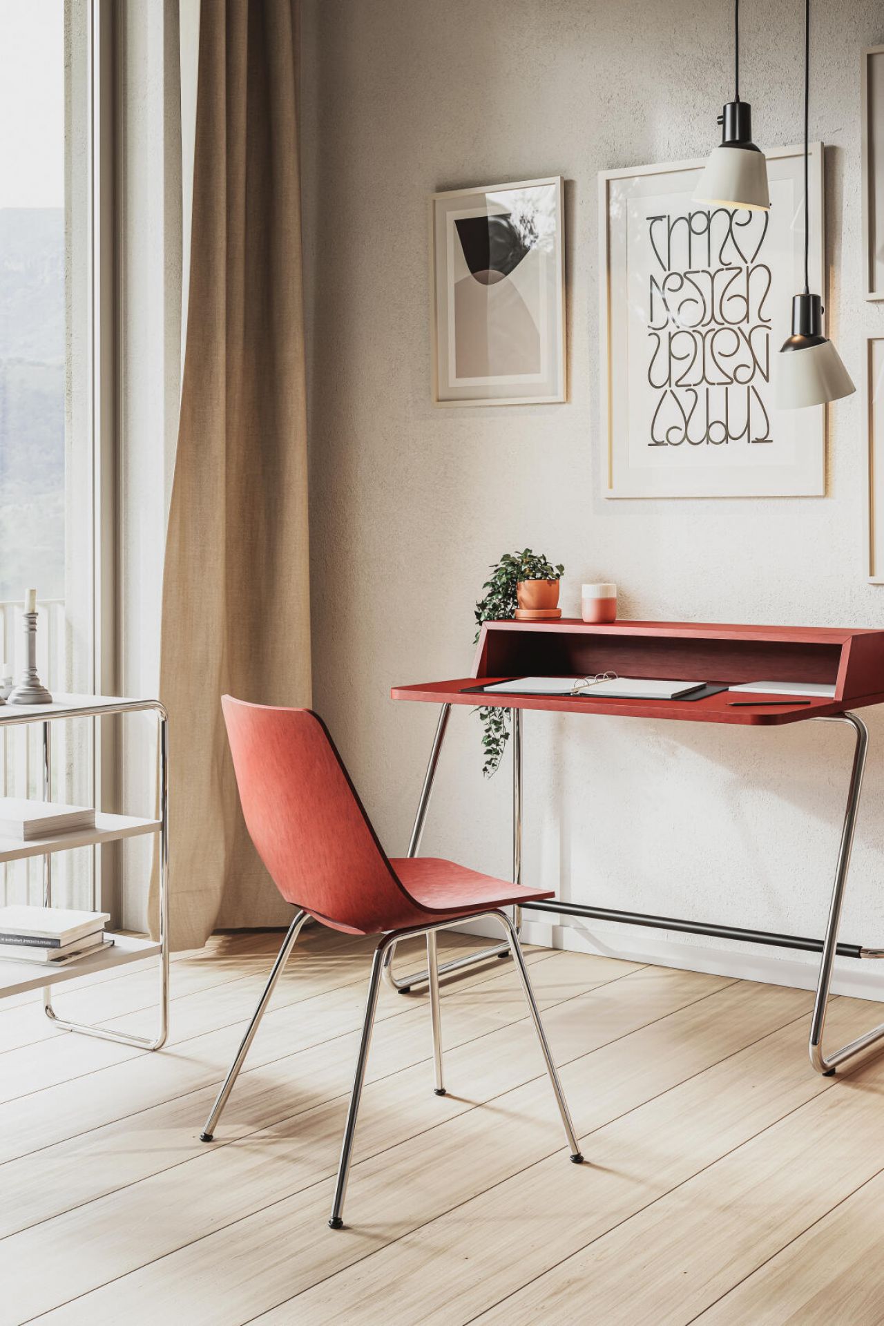 Roter S 661 Stahlrohrstuhl von Thonet am Schreibtisch in einem hellen Arbeitszimmer.