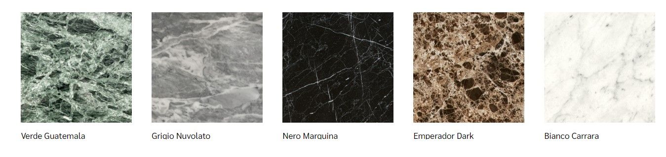 Auswahl an Marmorplatten für ClassiCon Bell Beistelltisch: Verde Guatemala, Grigio Nuvolato, Nero Marquina, Emperador Dark, Bianco Carrara.