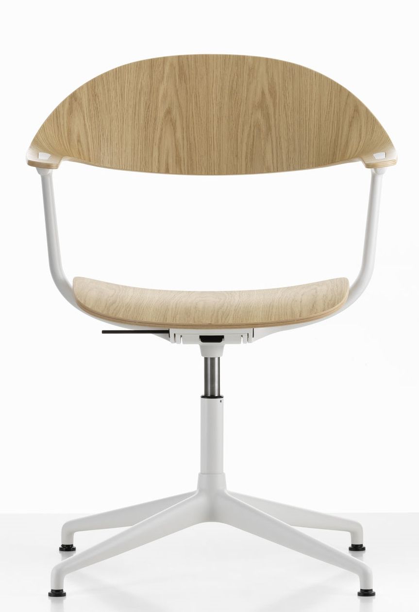 Mynt Bürodrehstuhl von Vitra mit hellem Holzfurnier, weißem Gestell und ergonomischem Design.