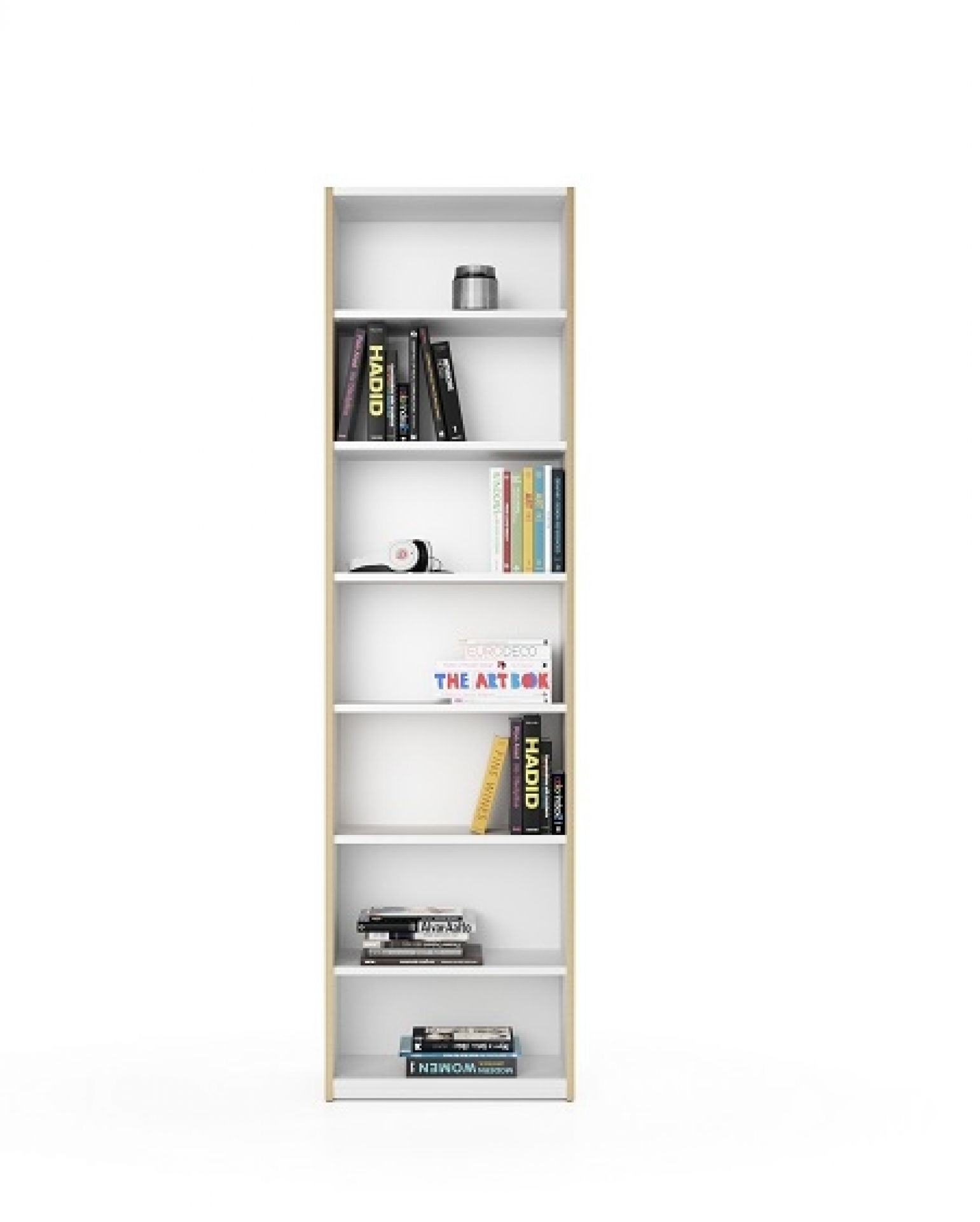Weißes, hohes Regal "Modular Plus" von Müller Möbelwerkstätten mit Büchern und Deko.