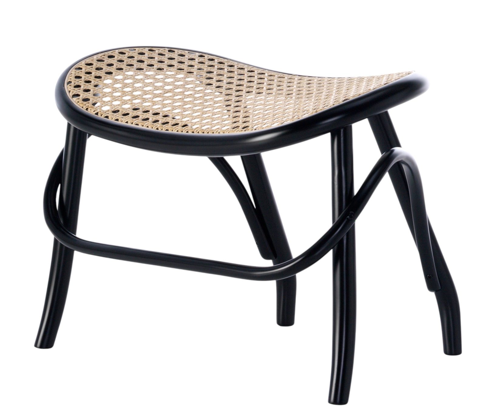 Schwarzer Wiener Geflecht Hocker von GTV Design mit gebogenen Beinen und natürlicher Sitzfläche.
