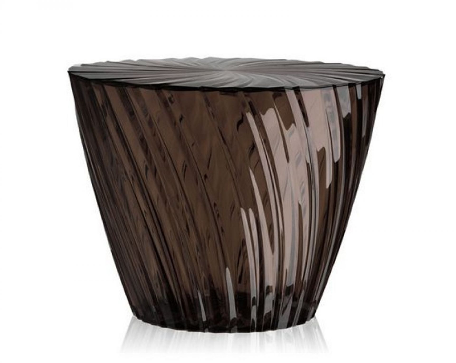 Brauner Kartell Sparkle Hocker, Beistelltisch aus transparentem Kunststoff mit spiralförmiger Struktur für Wohnzimmer und Garten.