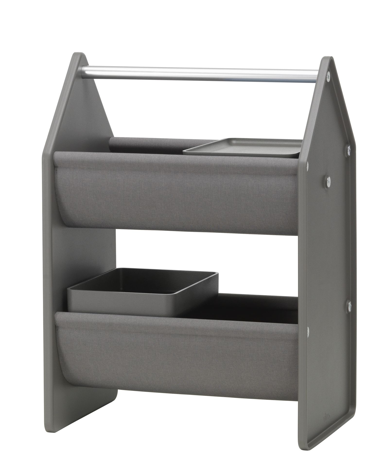 Graue Vitra Drop Box Aufbewahrungsbox mit zwei Stofffächern und zusätzlichen Ablageflächen für Kinderzimmer und Büro.