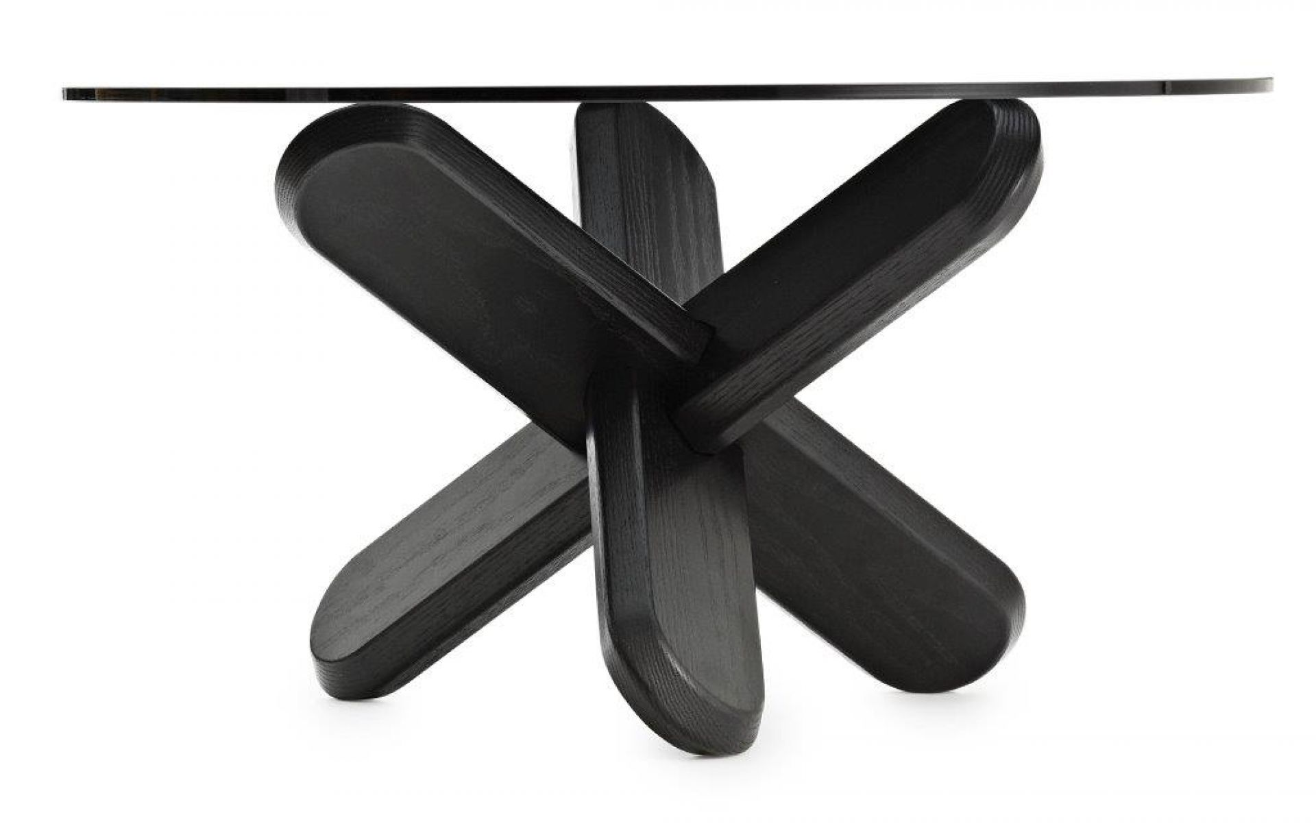 Normann Copenhagen Ding Table Tisch mit schwarzem Holzfuß und runder Glasplatte, modernes Design.