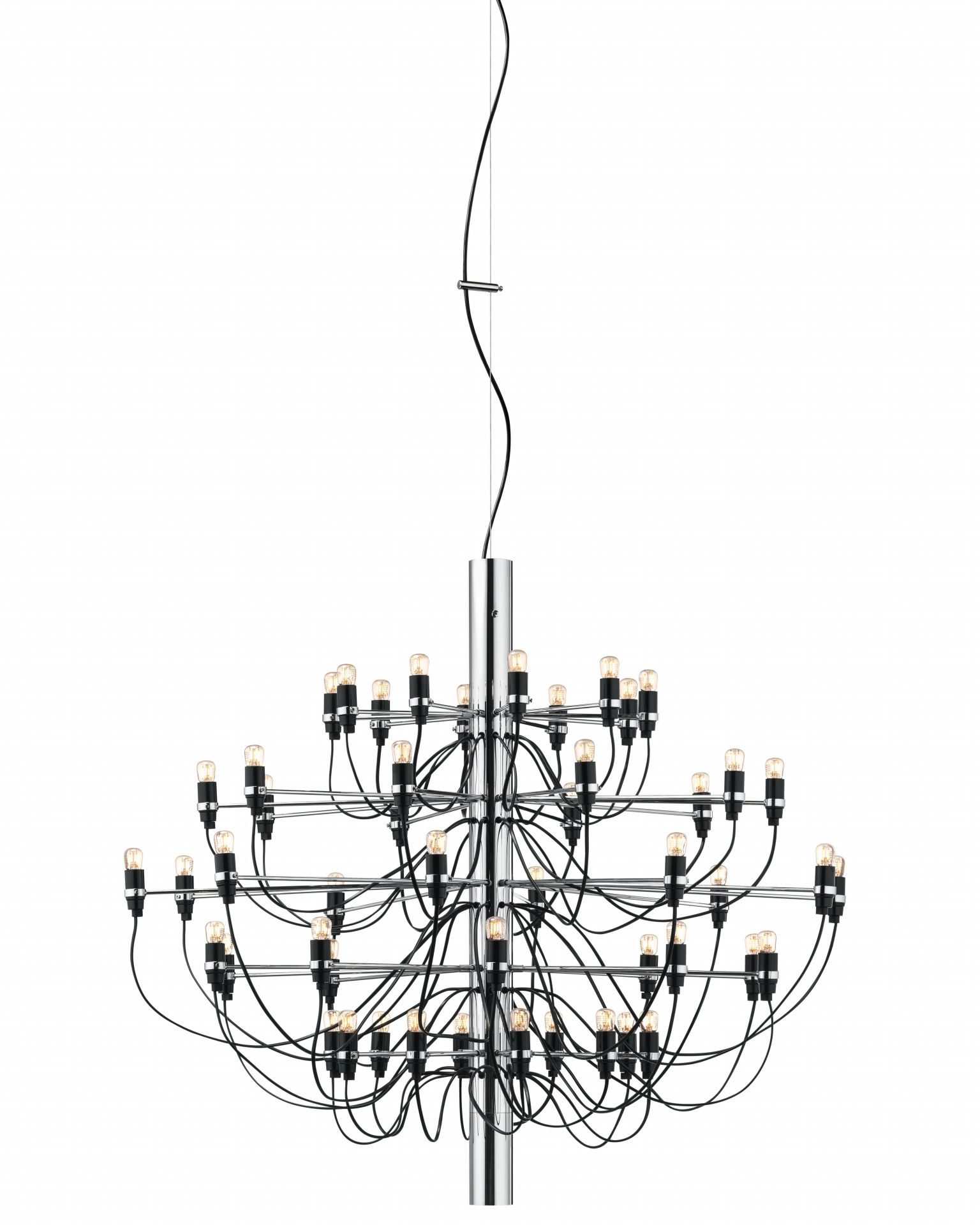 Flos 2097 Kronleuchter mit 50 Leuchten: Moderner Deckenleuchter aus Stahl und schwarzen Kabeln.