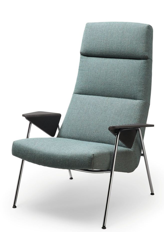 Walter Knoll Sessel 367 / 368 Votteler Chair mit blau-grünem Stoffbezug und verchromtem Gestell.