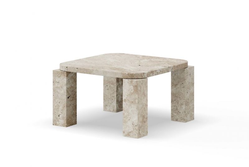 Atlas Coffee Table von New Works aus Travertin, quadratisch mit abgerundeten Ecken.