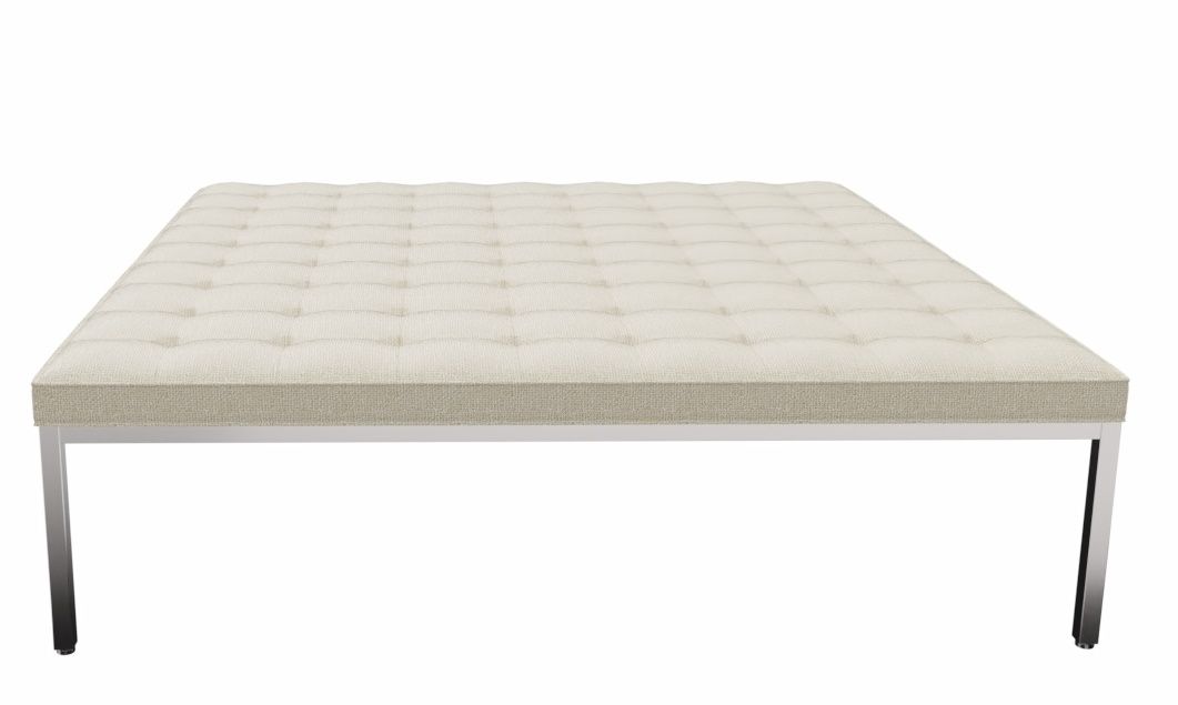 Quadratische Relax Florence Bank von Knoll International mit gesteppter, beiger Polsterung und Chromgestell.