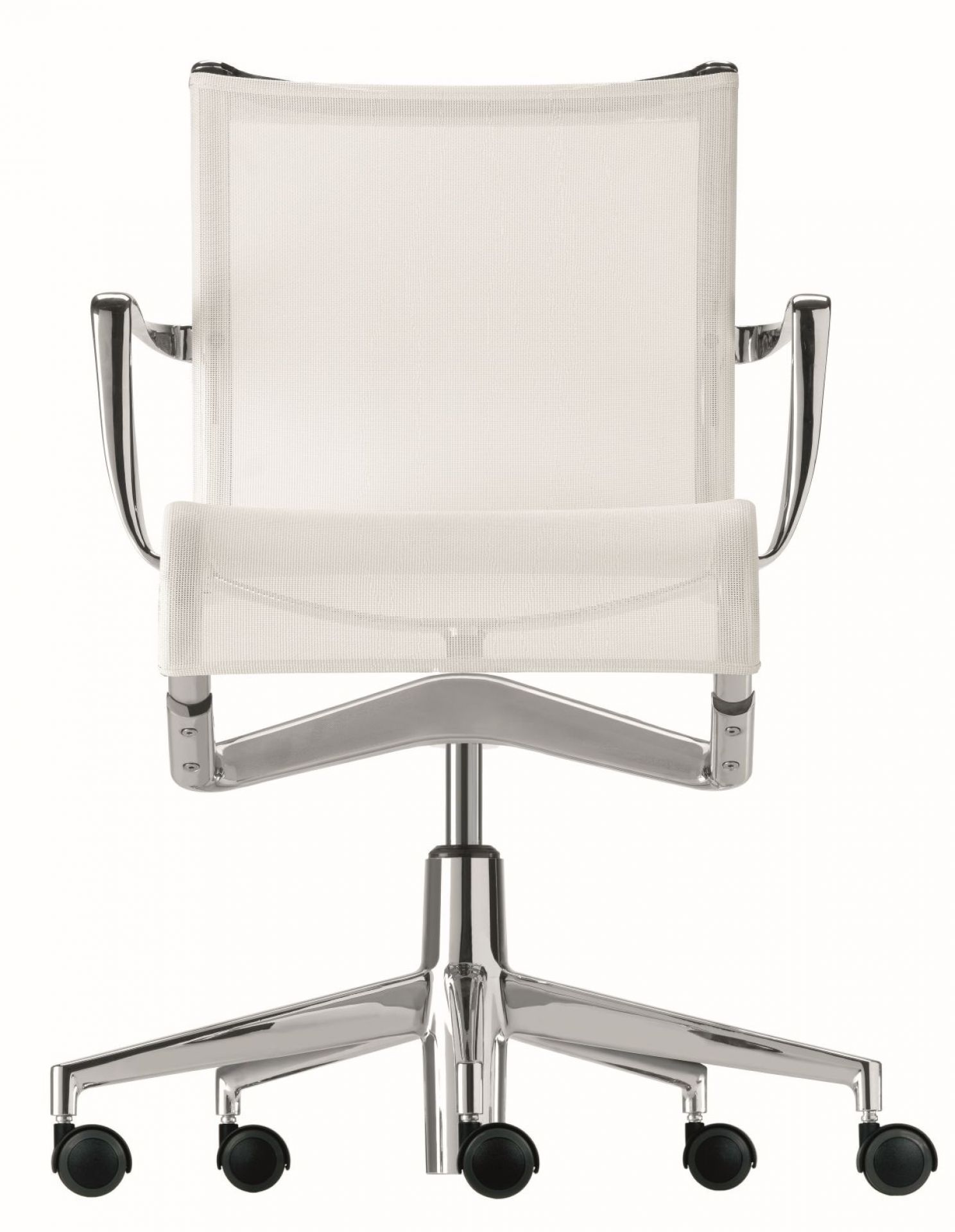 Rollingframe Bürodrehstuhl mit weißem Netzbezug, Chromgestell und Armlehnen, ergonomischer Bürostuhl für modernes Büro.