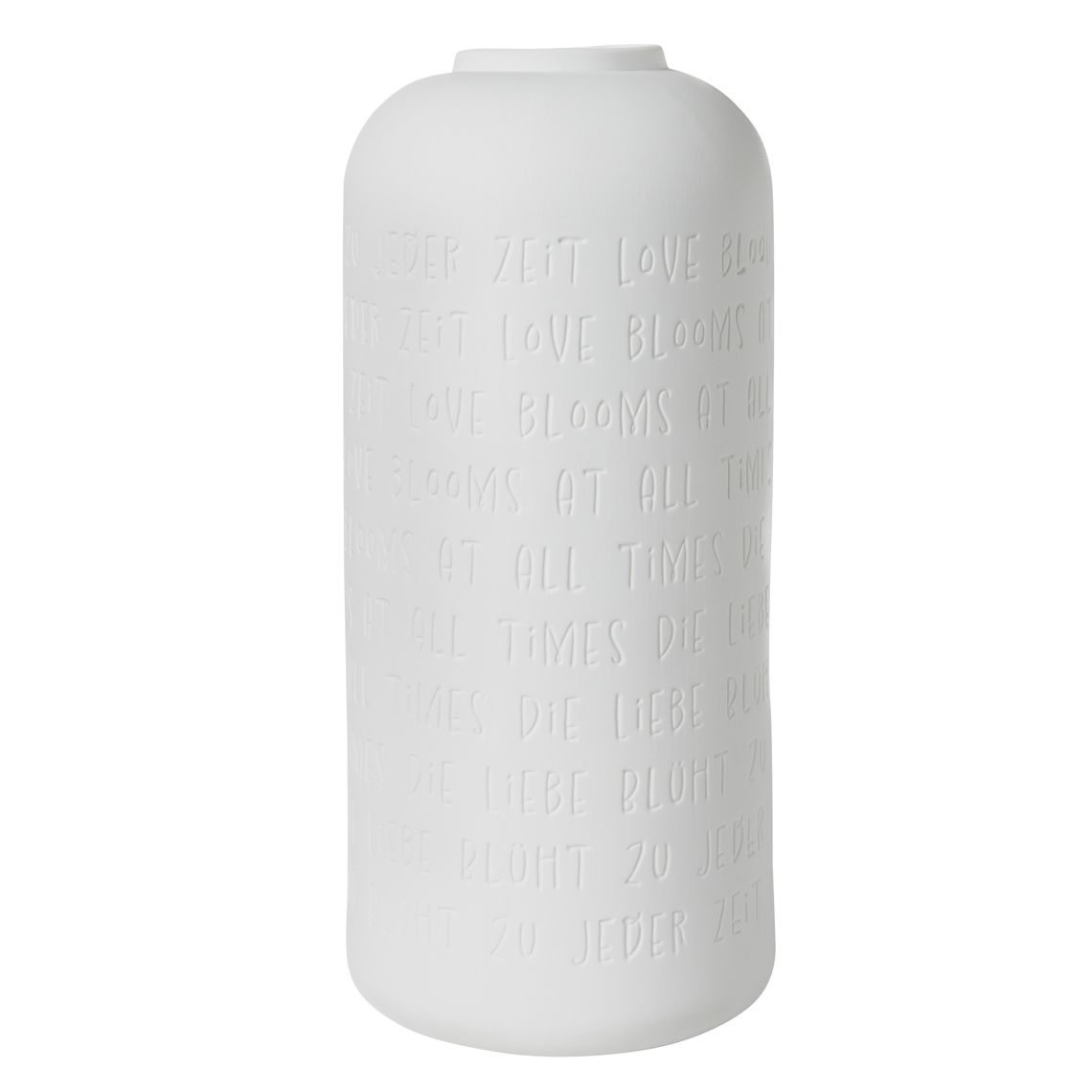 Weiße Vase mit Prägung "Die Liebe blüht zu jeder Zeit" für Hochzeitsdekoration und Blumenarrangements.