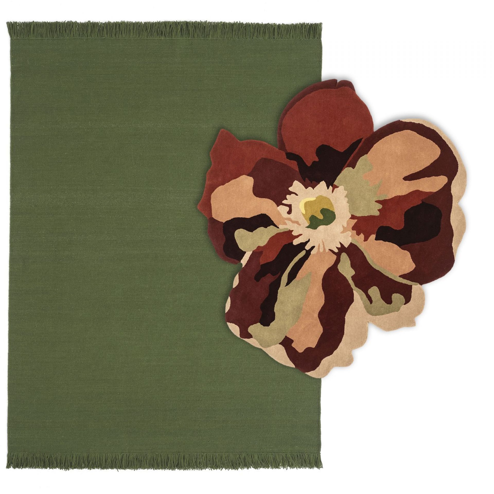 Nanimarquina Flora Bloom Teppich, 170x150 cm, grüner Wollteppich mit großer, bunter Blumenapplikation.