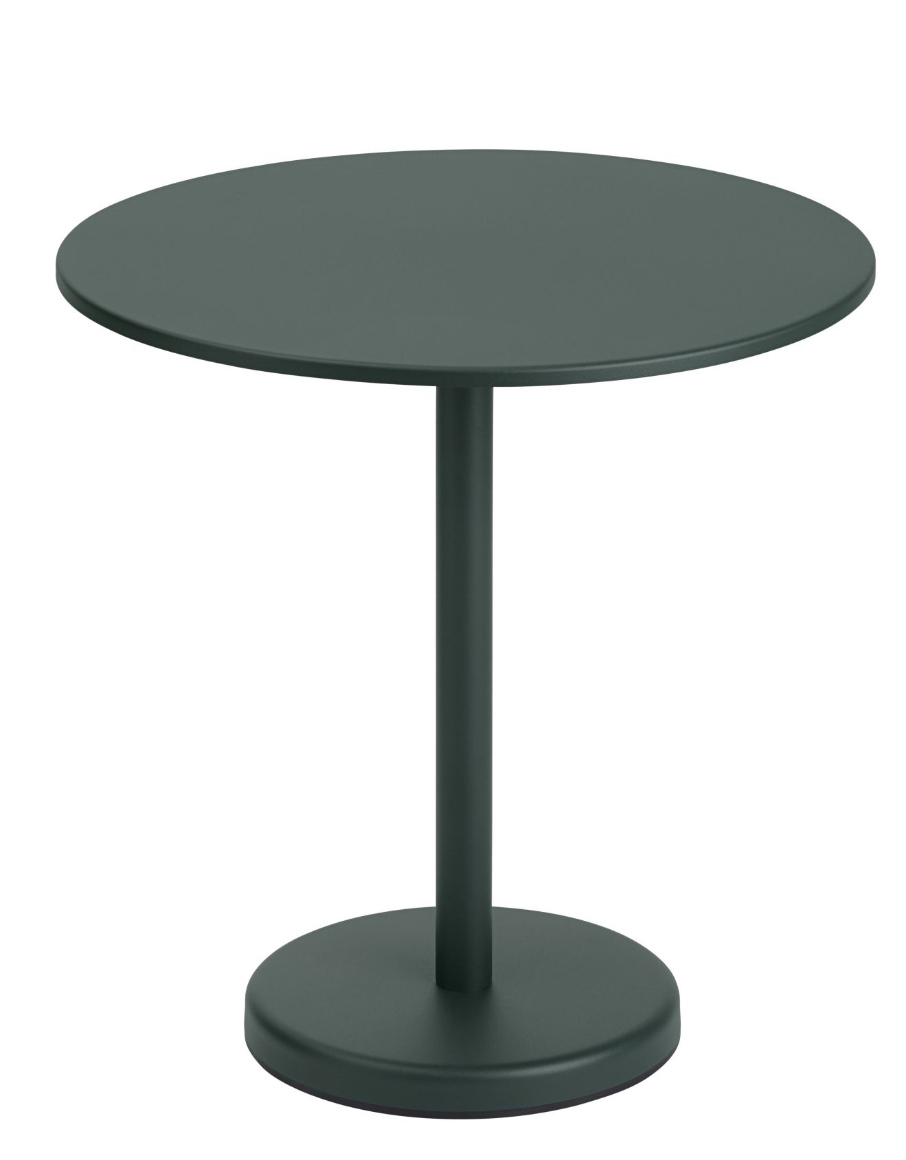 Muuto Linear Steel Cafétisch für den Außenbereich, runder Beistelltisch in Dunkelgrün, freigestellt auf weißem Hintergrund.