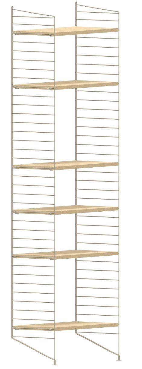 Wohnzimmer String Regal mit hellen Holzregalböden und filigranen, grauen Metallleitern für moderne Wohnraumgestaltung.