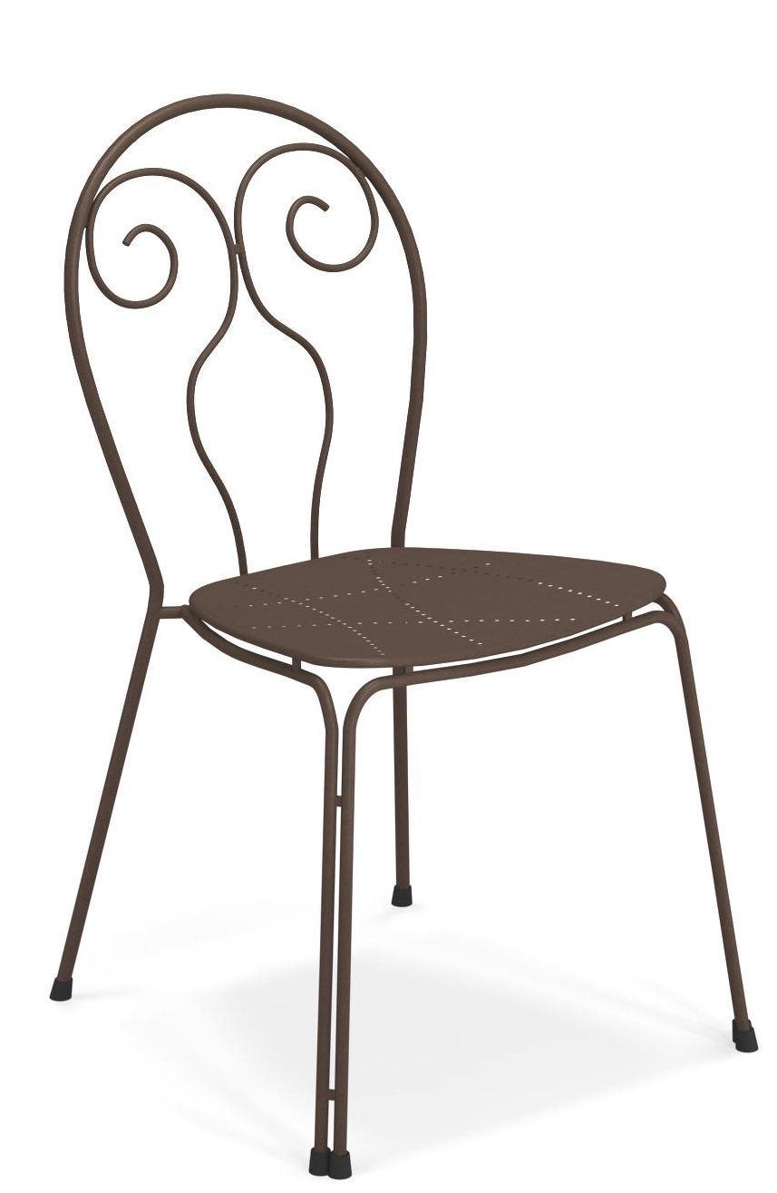 Caprera Stuhl von Emu für den Außenbereich, brauner Metallstuhl mit filigranem Design.